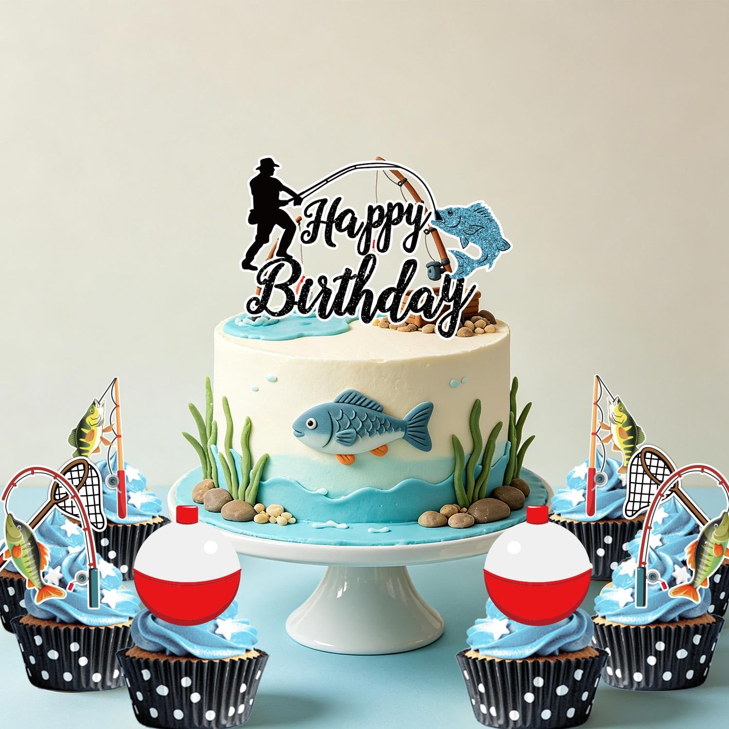 Fishing Birthday Party Decorations Kit with Plates, Napkins, Cups, Cutlery, Honeycomb Balls, Banner, Hanging Swirls, Tablecloths, Toppers, Balloons for Ofishally One Birthday Decorations, Serves 24