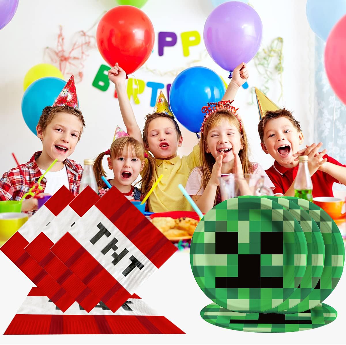 40Pcs Pixel Miner birthday Party Supplies include 20 plates, 20 napkins for the Mine party decoration