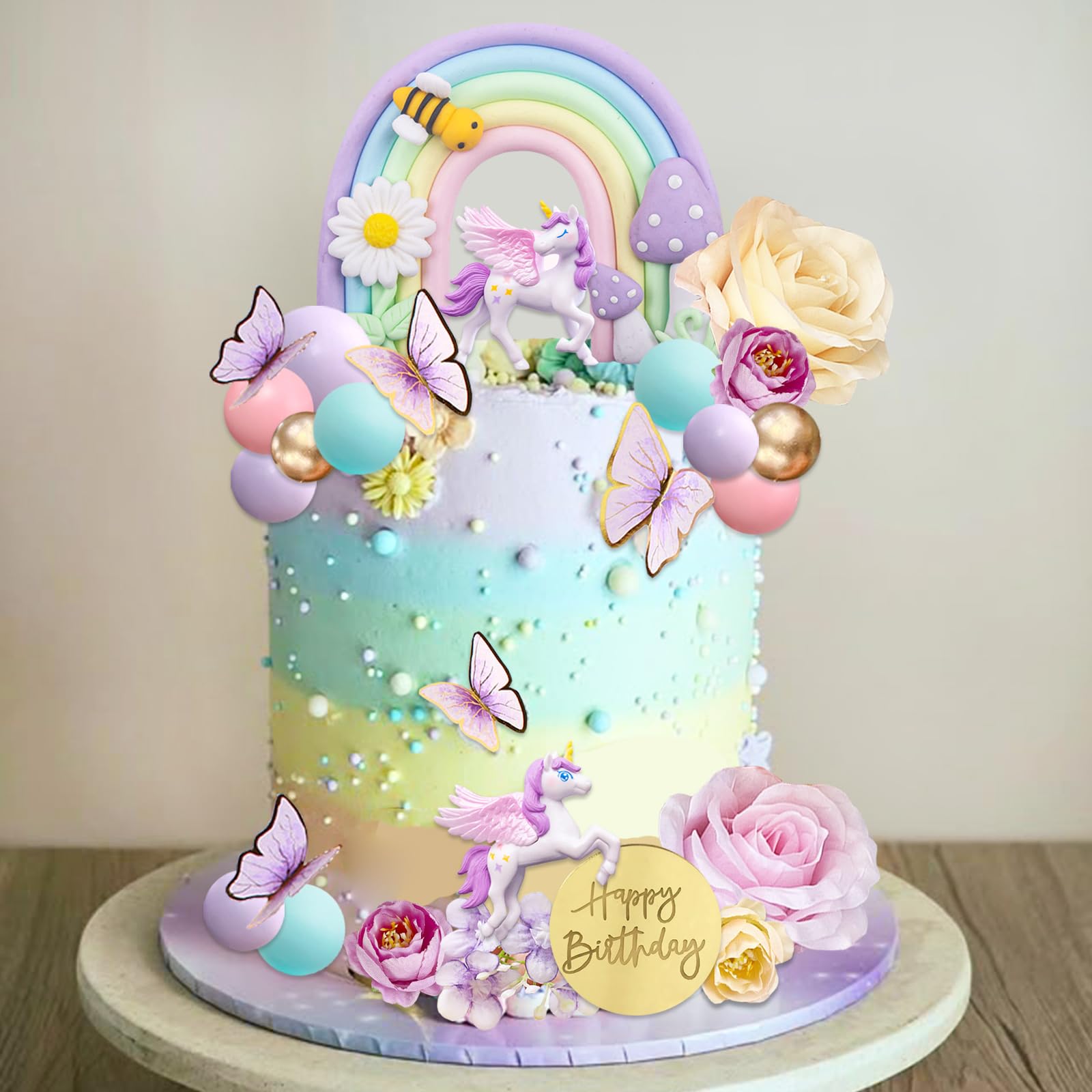 UFROMSKY 38pcs Unicorn Cake Toppers Rainbow Cake Decorations, Flower Birthday Decor with Butterflies and Mini Balls for Boys and Girls Unicorn Theme Party Supplies