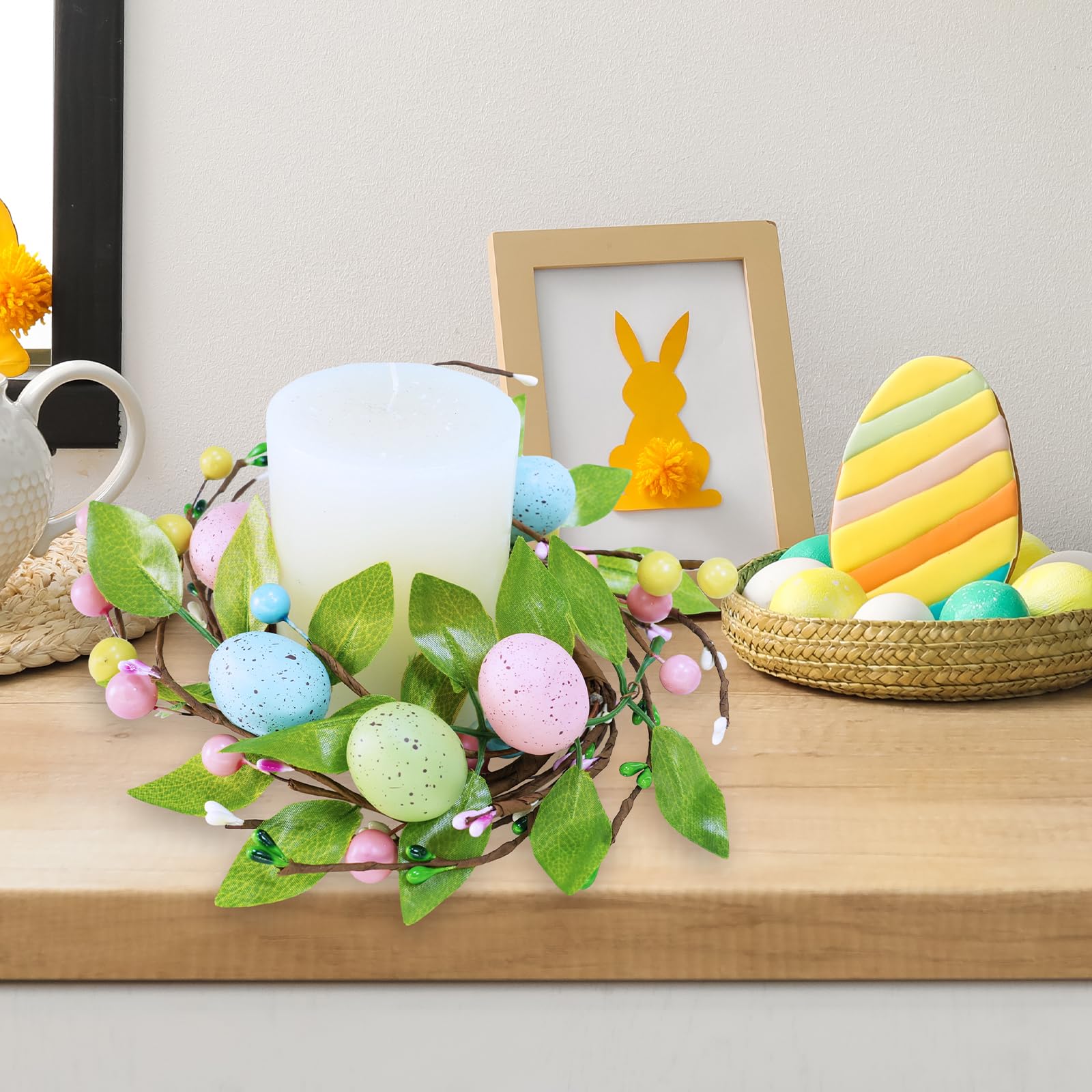 Winlyn 4 Pcs Easter Egg Candle Rings Wreaths Spring Artificial Foliage Berry and Egg Wreath Pastel Easter Eggs Candle Holder Rings 11" for Easter Holiday Springtime Decor Front Door Table Centerpiece