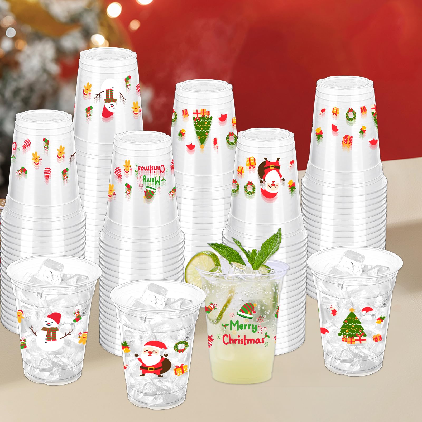 ZCPTZ 100 Pcs Christmas Party Cups, 12oz Disposable Cups Merry Christmas Disposable Clear Cups Plastic Party Cups for Party Favors Holiday Party Supplies
