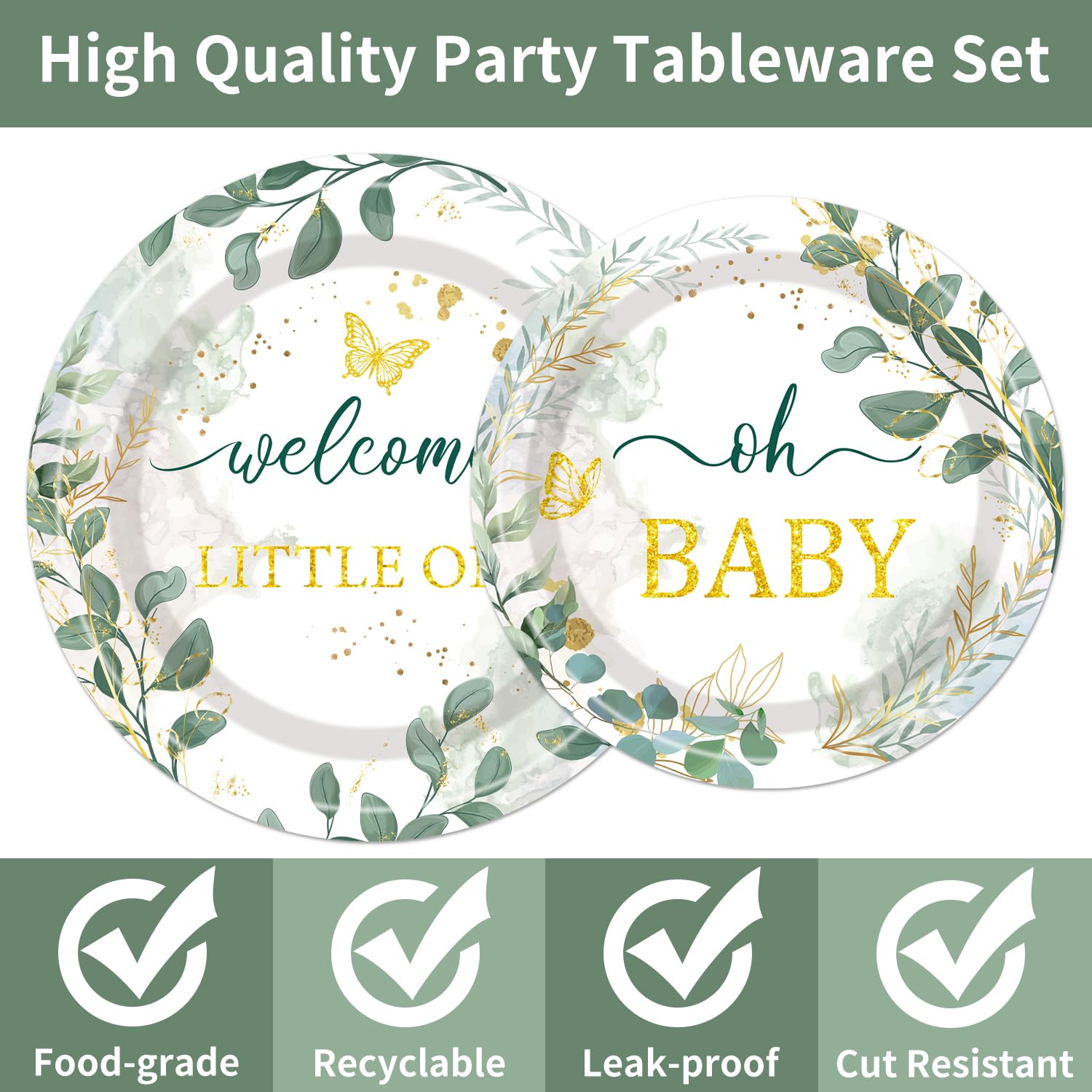 Sage Green Baby Shower Decorations - 96PCS Sage Plates and Napkins Party Supplies Welcome Little One Green Baby Shower Disposable Paper Tableware Set Serves 24 Guests
