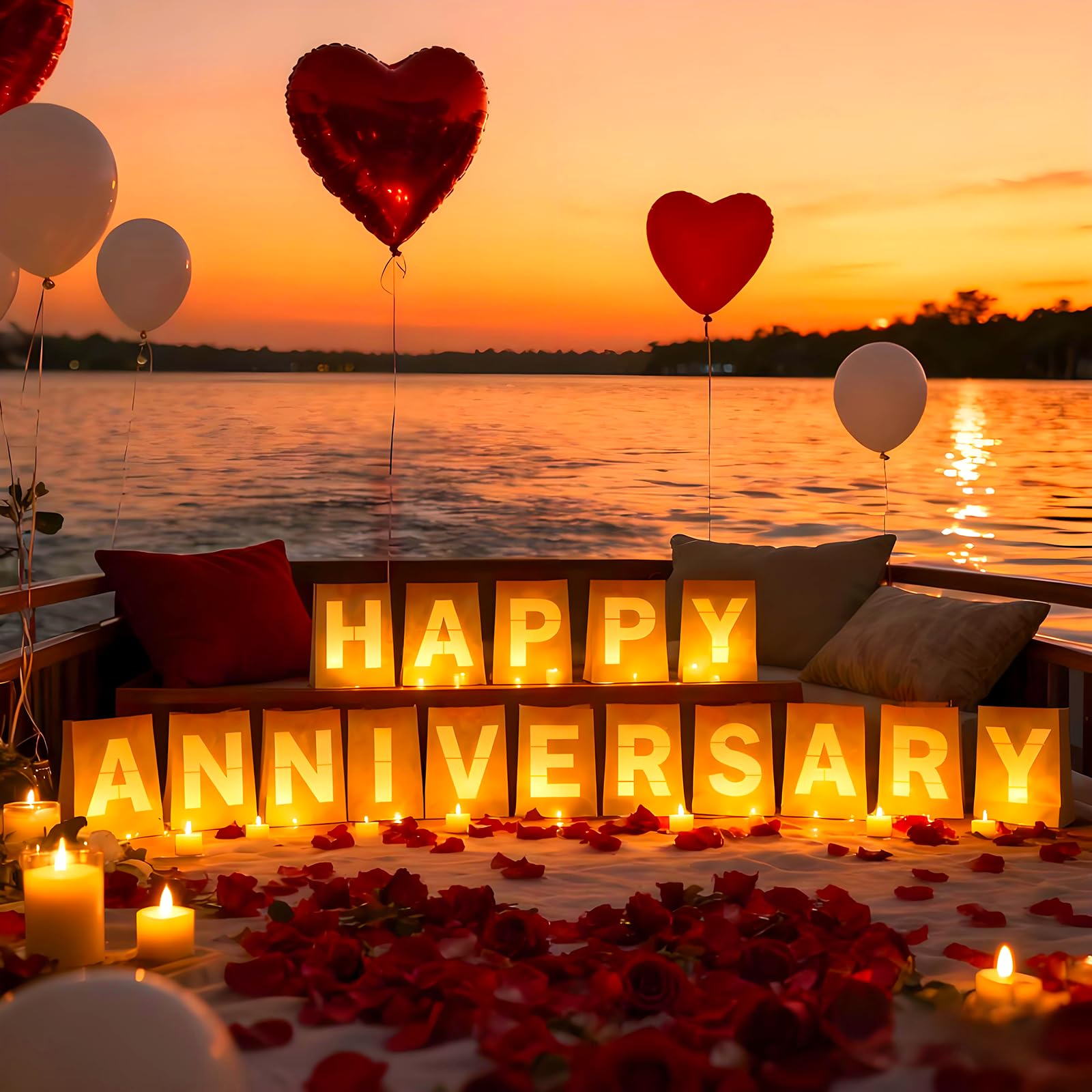 Peledic Happy Anniversary Light Up Letters, Include Light up Letters, with Tea Lights Candles, Latex Balloons, Aluminum Balloons and Rose Petals, Anniversary and Valentines' Day Decorations for Women