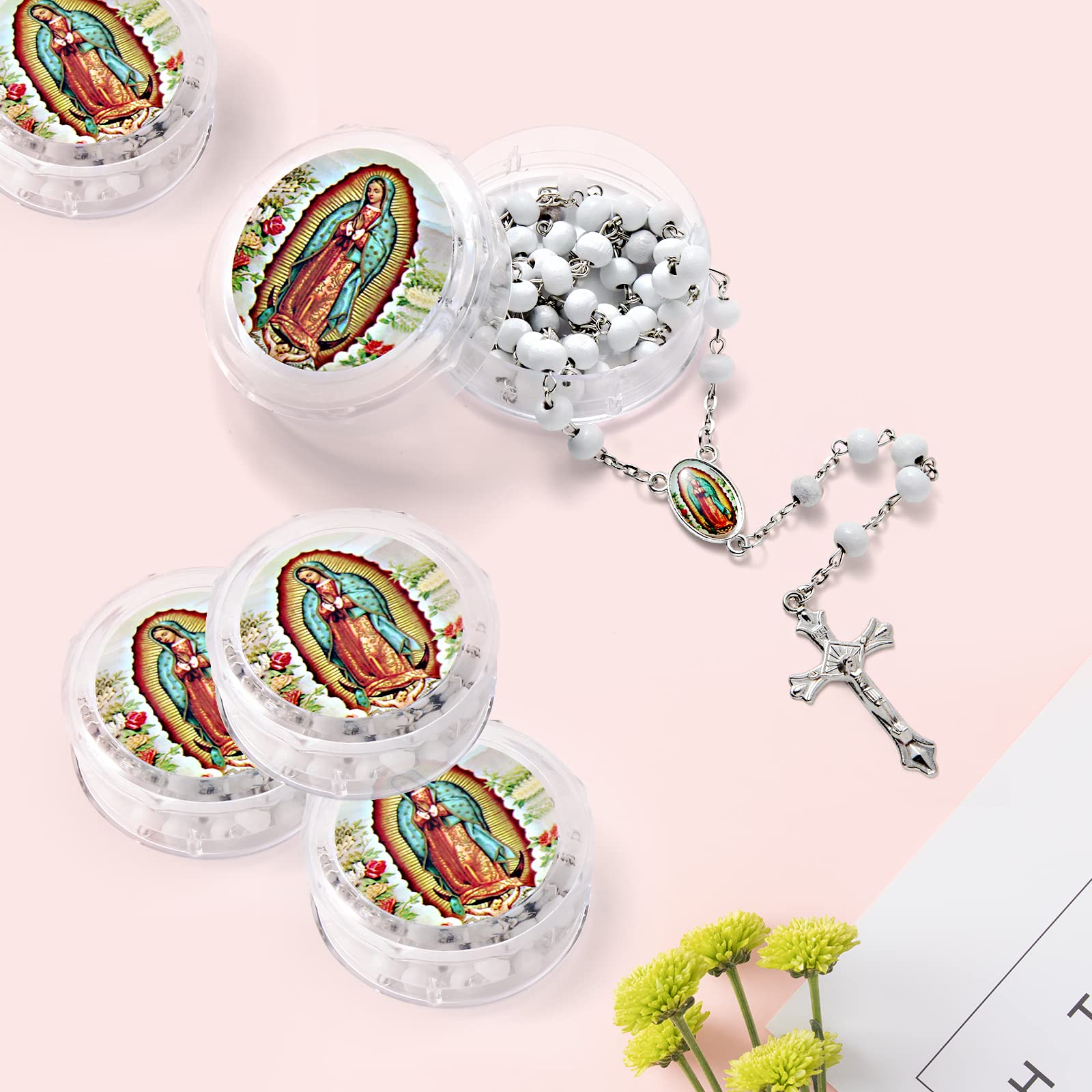 Brilucky 24 PCS White Rosary Beads Bulk For Baptism Favors,Lady Guadalupe Rosarios Catolicos First Communion Favors For Guests,Rosary Beads Necklace Gifts For Christian Quinceanera Party