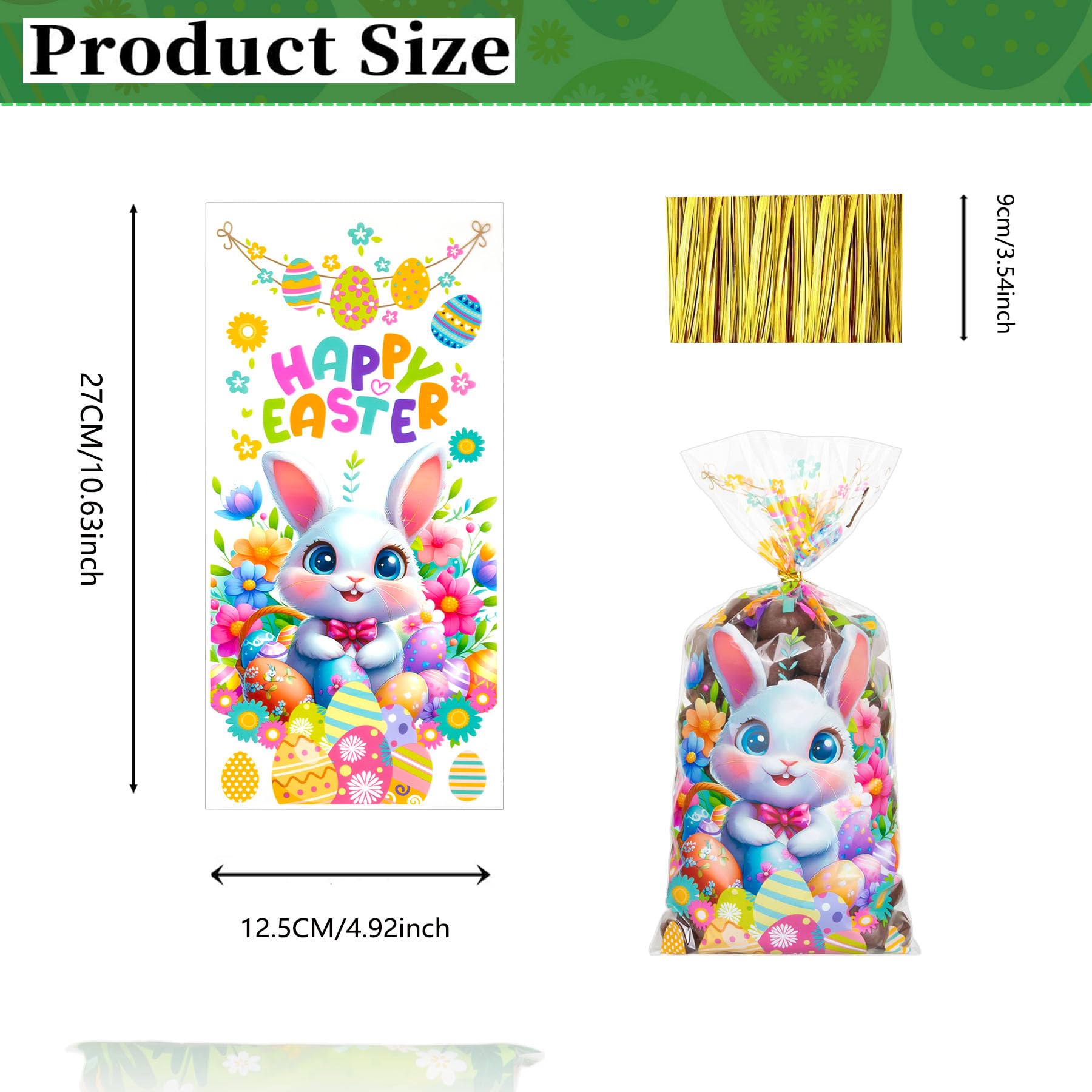 GIFOHAPY 100 PCS Easter Treat Bags with 120 pcs Twist Ties, 5 Style Cellophane Candy Bags for Kids, Sturdy Colorful Cellophane Cookie Goody Party Favor Bags for Easter Party Supply