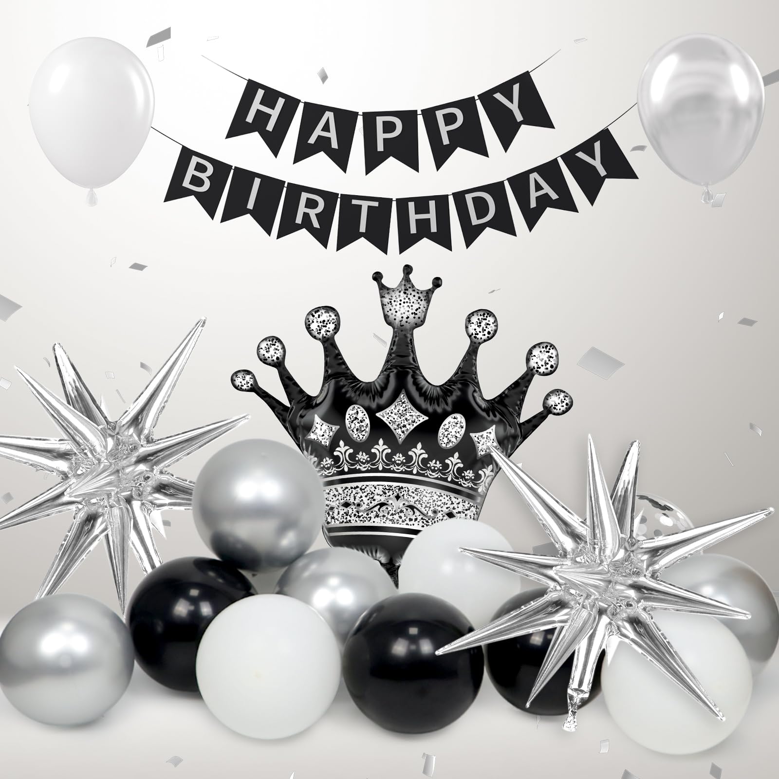 Black Birthday Decorations for Men with White Silver and Silver Balloons