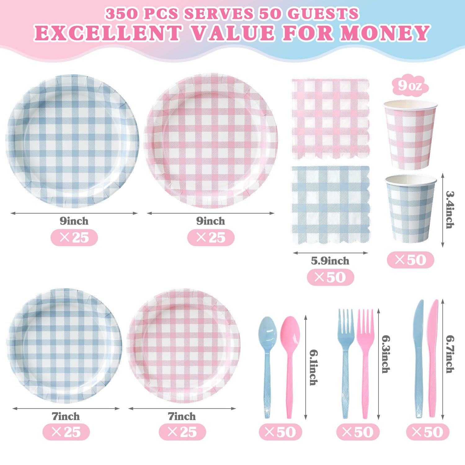 Vyntra 350-Pc Pink and Blue Gingham Paper Plates and Napkins Party Supplies