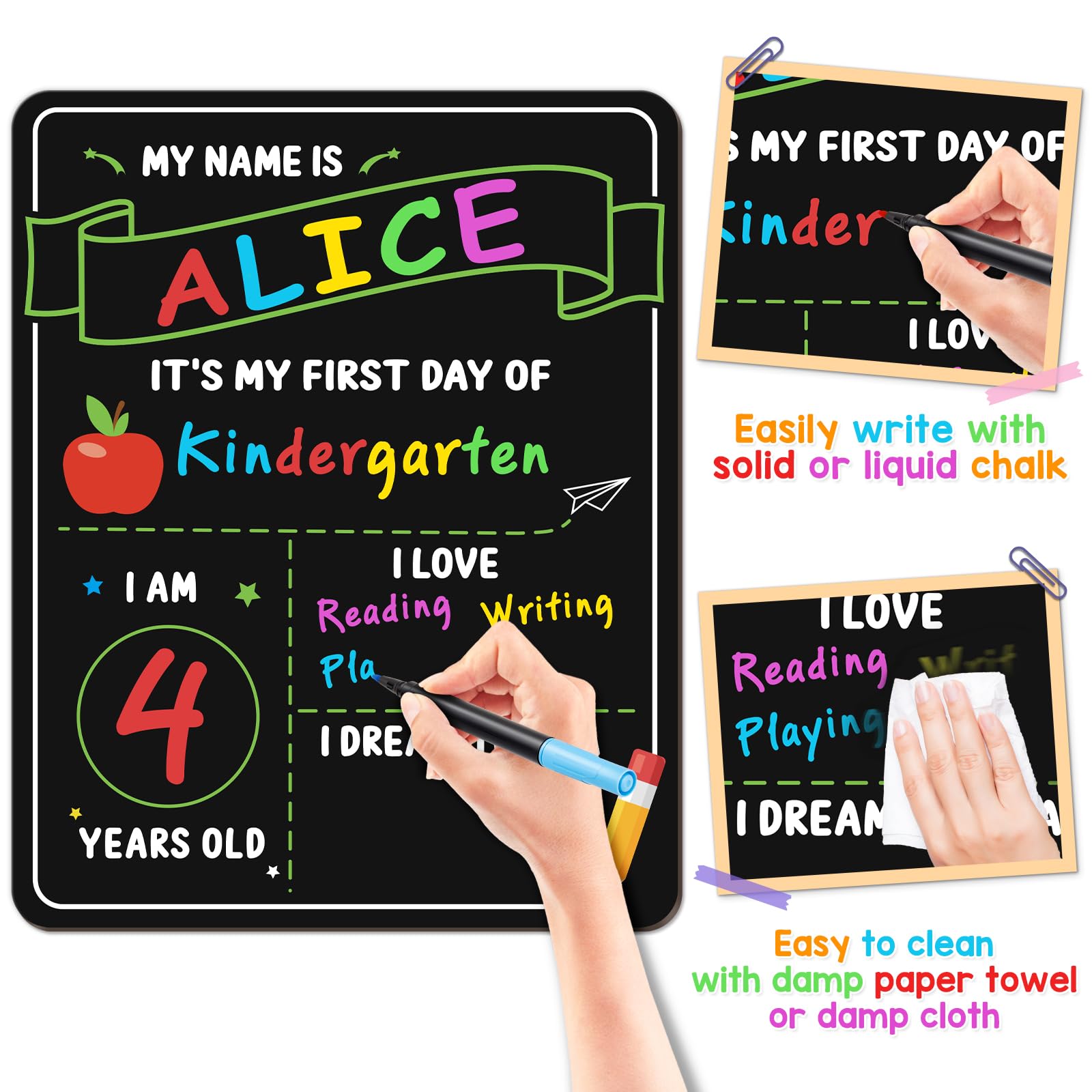 IJIGU First Day of School Sign, 14 x 11 Inch Double Sided Reusable Back to School Chalkboard with 6 Liquid Chalk Markers, First & Last Day Board Supplies for Preschool Kindergarten Kids Boys Girls