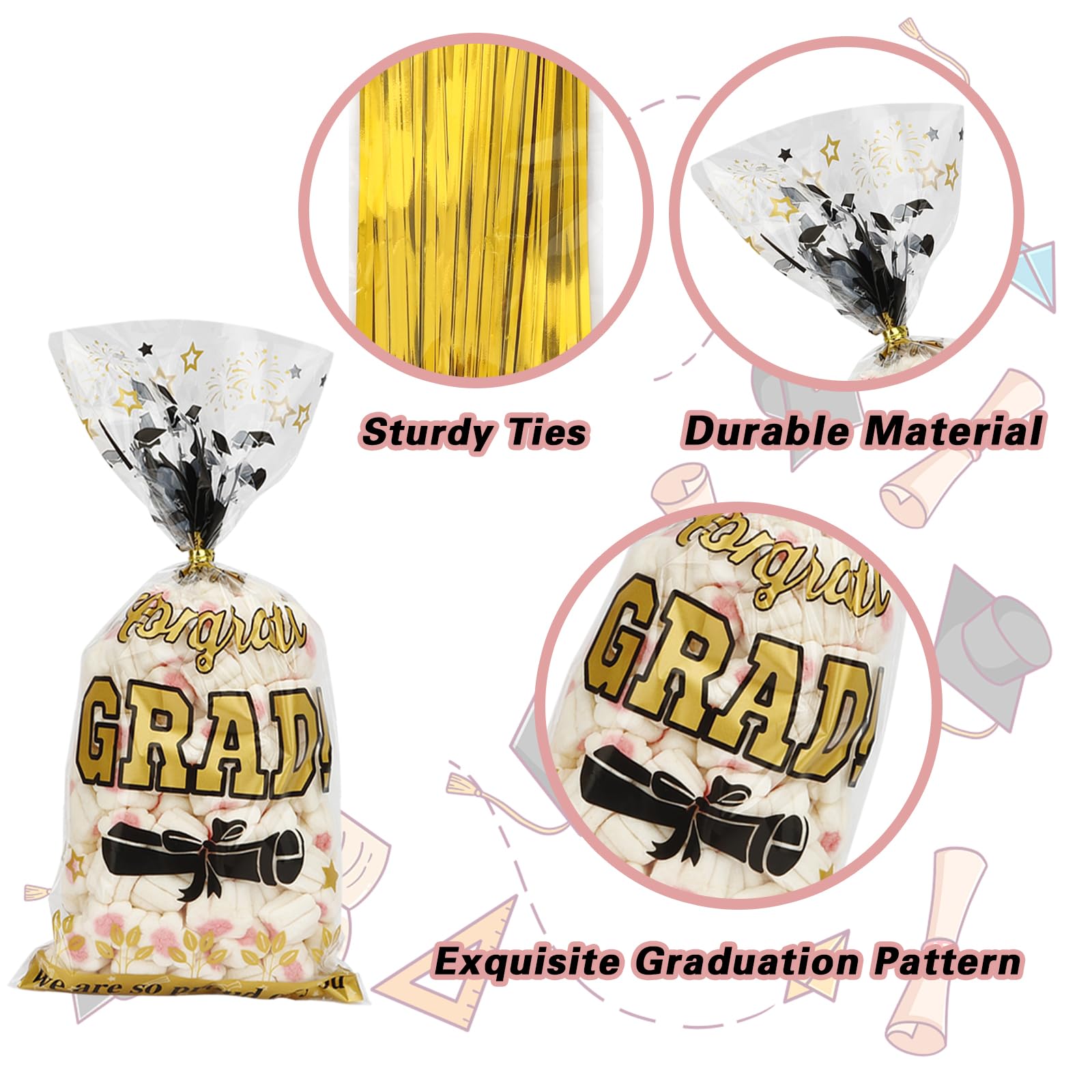 Leislam Graduation Treat Bags, Graduation Cellophane Treat Bags, 100 PCS Graduations Gift Bag, Plastic Clear Cello Candy Cookie Snack Goodies Bag with 100 Pcs Gold Ties for Graduations Party Favors Su
