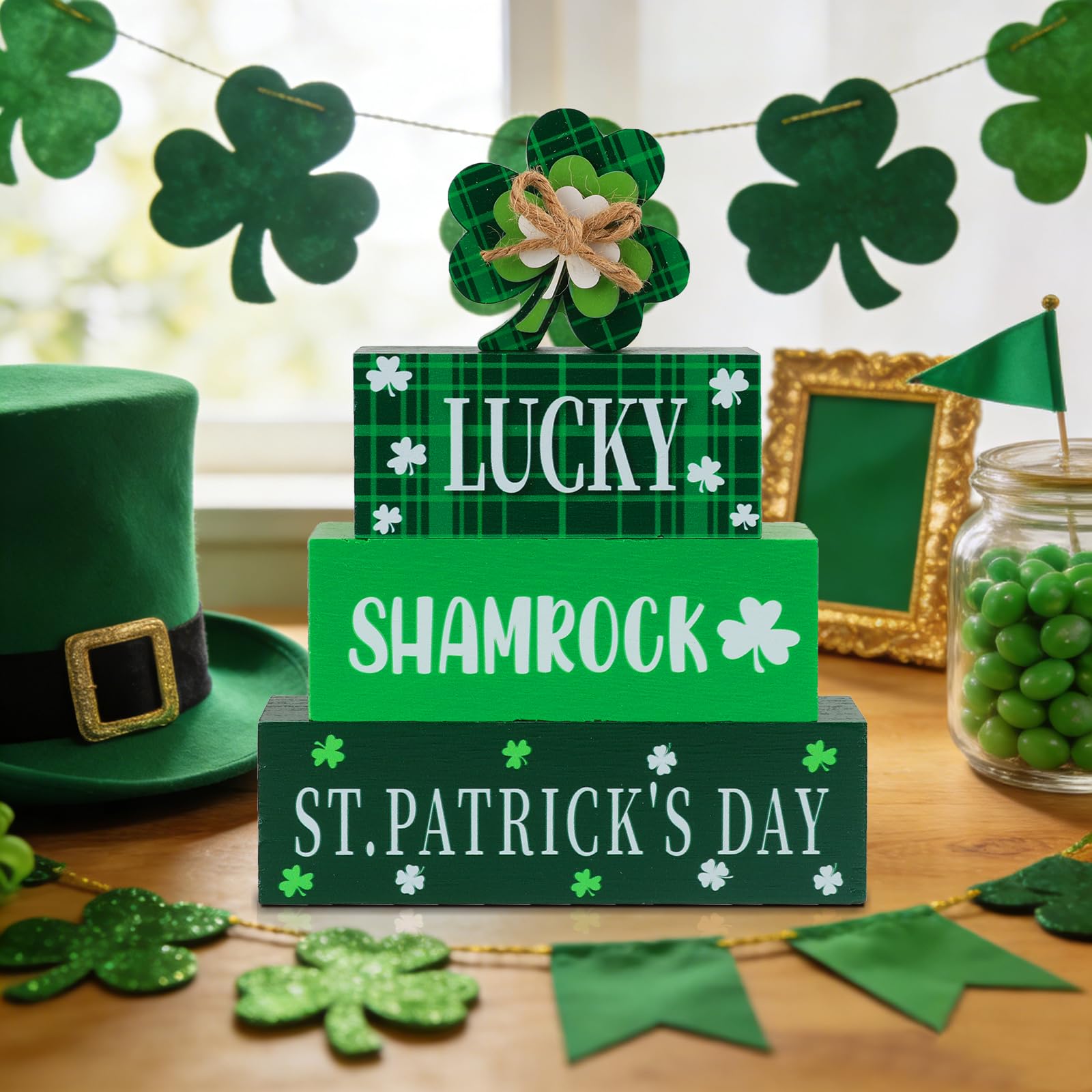 4 Pcs St.Patrick's Day Table Signs Lucky Shamrocks Table Centerpieces Wooden Shamrock Block Signs St Patricks Day Decorations Irish Tiered Tray Decor for Home Office Desk Kitchen Shelf