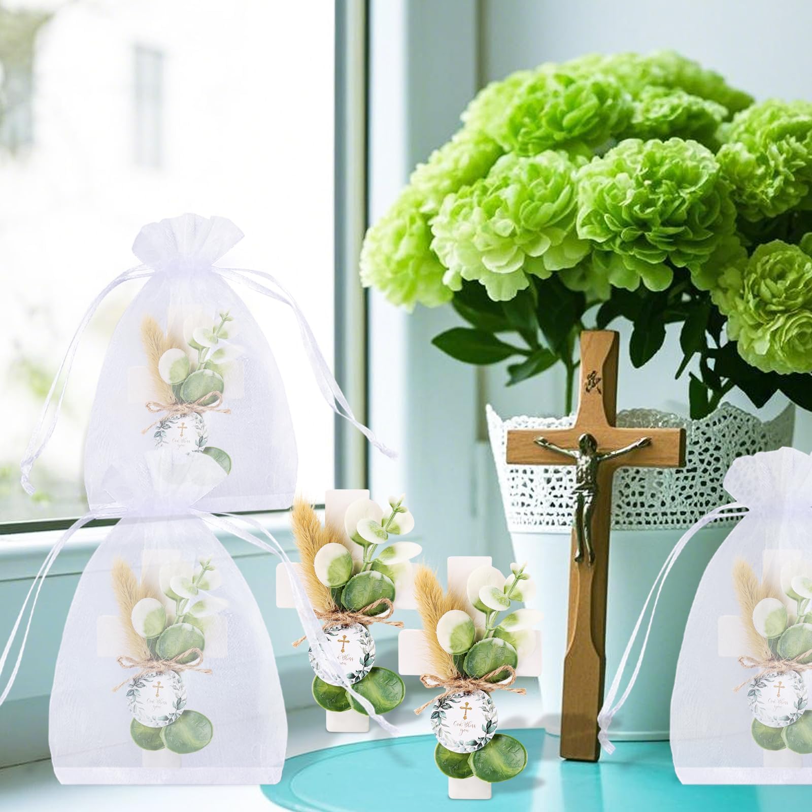 12 Sets Baptism Party Favors for Guests First Communion Favors,Wooden Cross Baptism Magnet with Flowers for Bless Baby Shower Party, Christen Gift,Gender Reveal, (Green, 12)