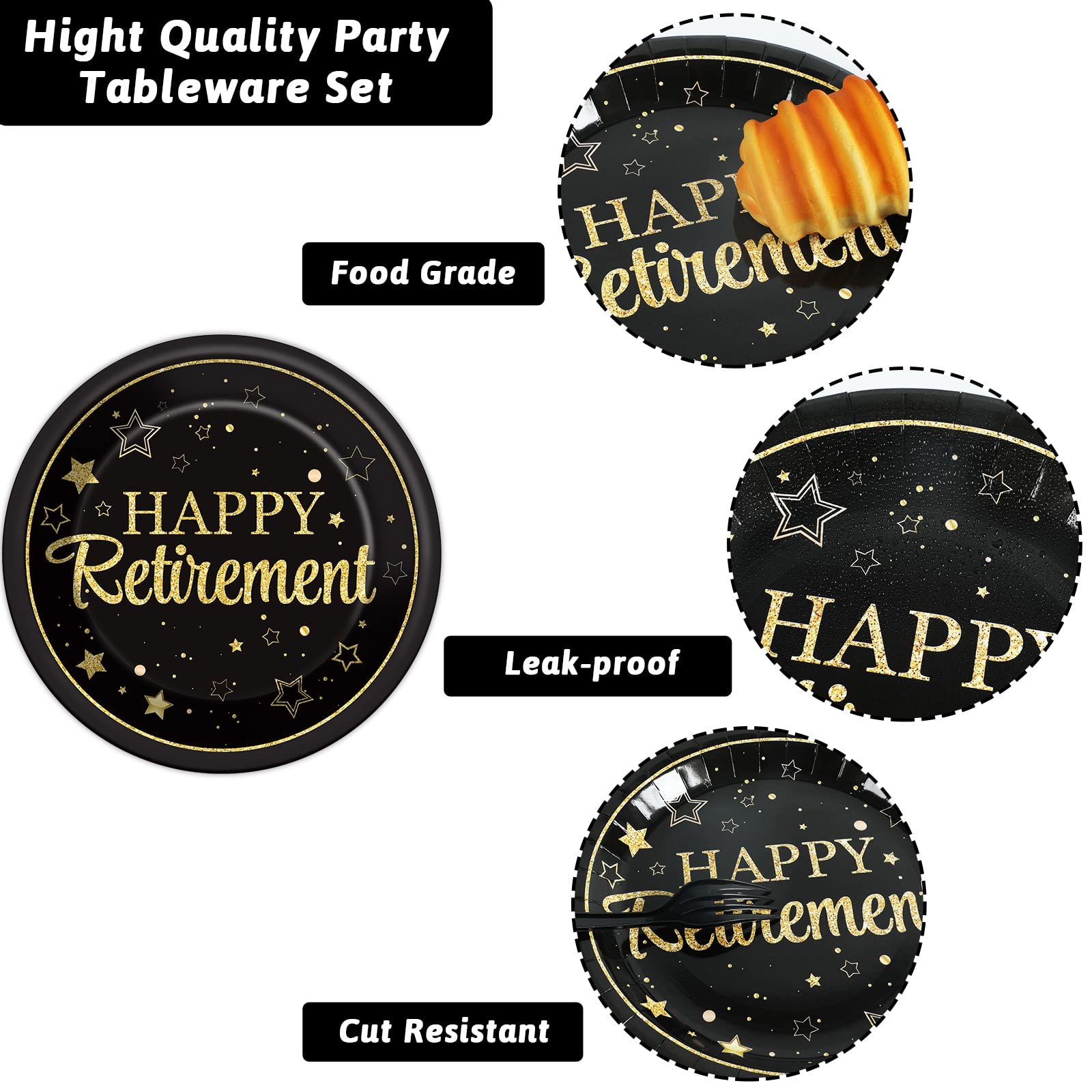 50 Guests Retirement Party Decorations Retirement Plates Napkins Set Happy Retirement Black and Golden Disposable Dinnerware Tableware Graduations Decorations Supplies Favors for Women Men, 200Pcs