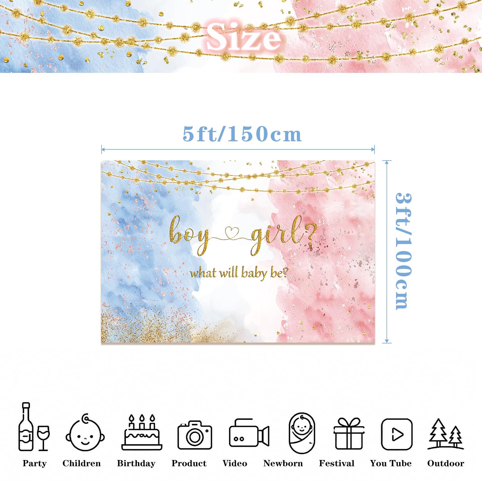 MEHOFOND 5x3ft Blue Pink Gender Reveal Backdrop Boy or Girl Party Decoration Photography Background Watercolor Rose Gold and Navy Blue He or She Pregnancy Reveal Surprise Party Photoshoot Banner