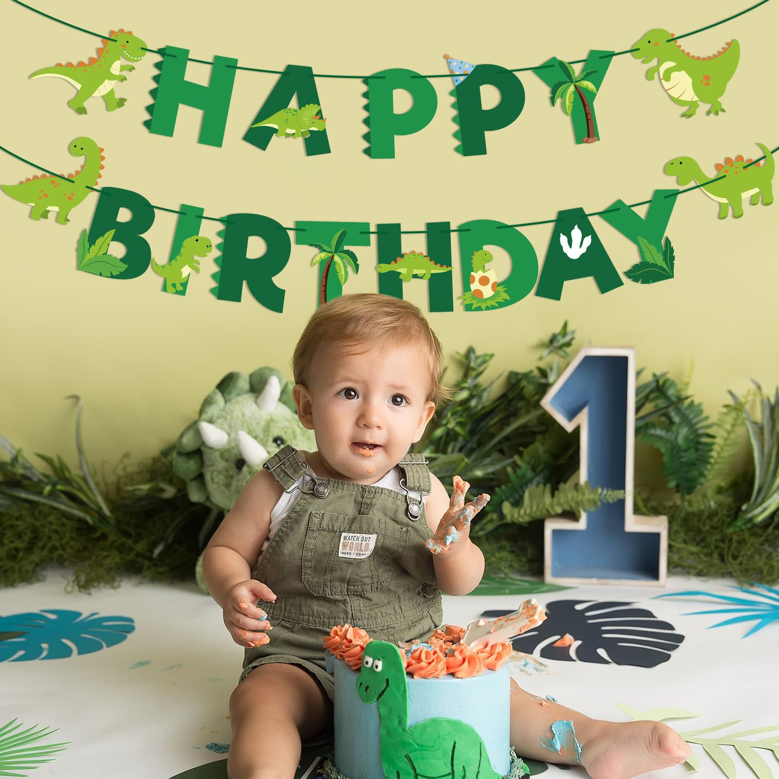 Hooqict Dinosaur Happy Birthday Banner Birthday Party Decorations Dinosaur Party Banner Garland Sign for Kids Boys 1st 2nd 3rd Green Dino Themed Birthday Decorations Supplies