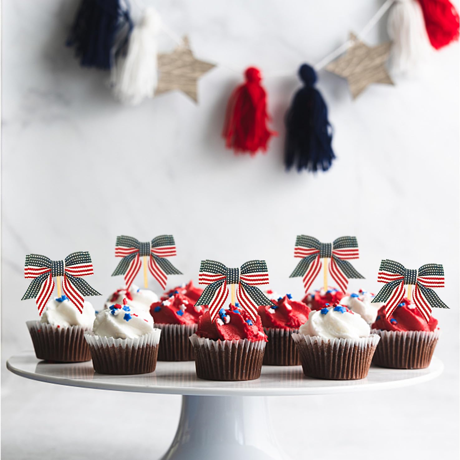24 Pcs Red White Blue Bow Cupcake Toppers for 4th of july America Patriotic Party Decoration, Baby Shower and Birthday Cake Supplies(Style A)