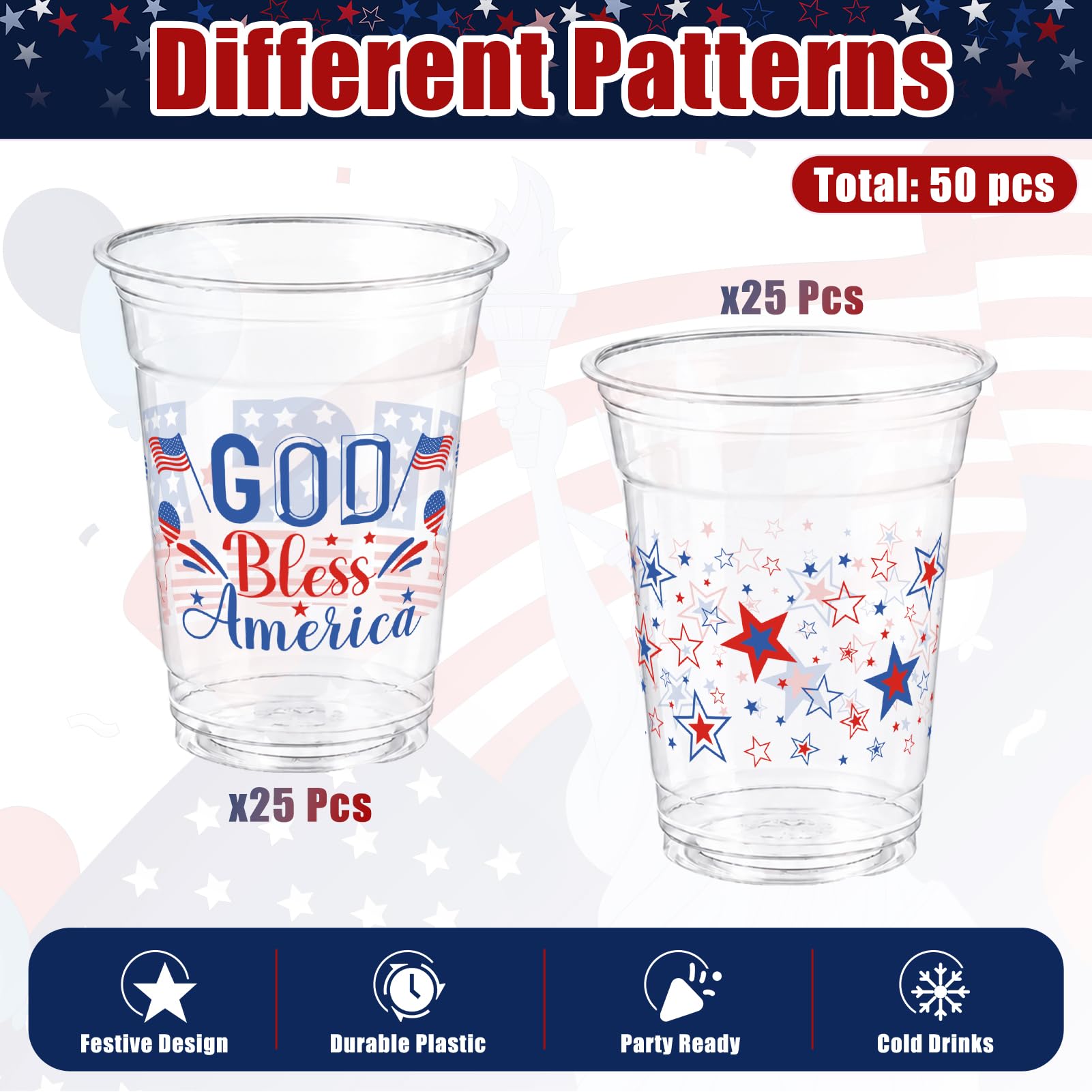 GuassLee 50pcs 250th Anniversary 4th of July Party Cups Plastic Disposable Cups for Independence Day Memorial Day Party Decor Supplies (12 oz)