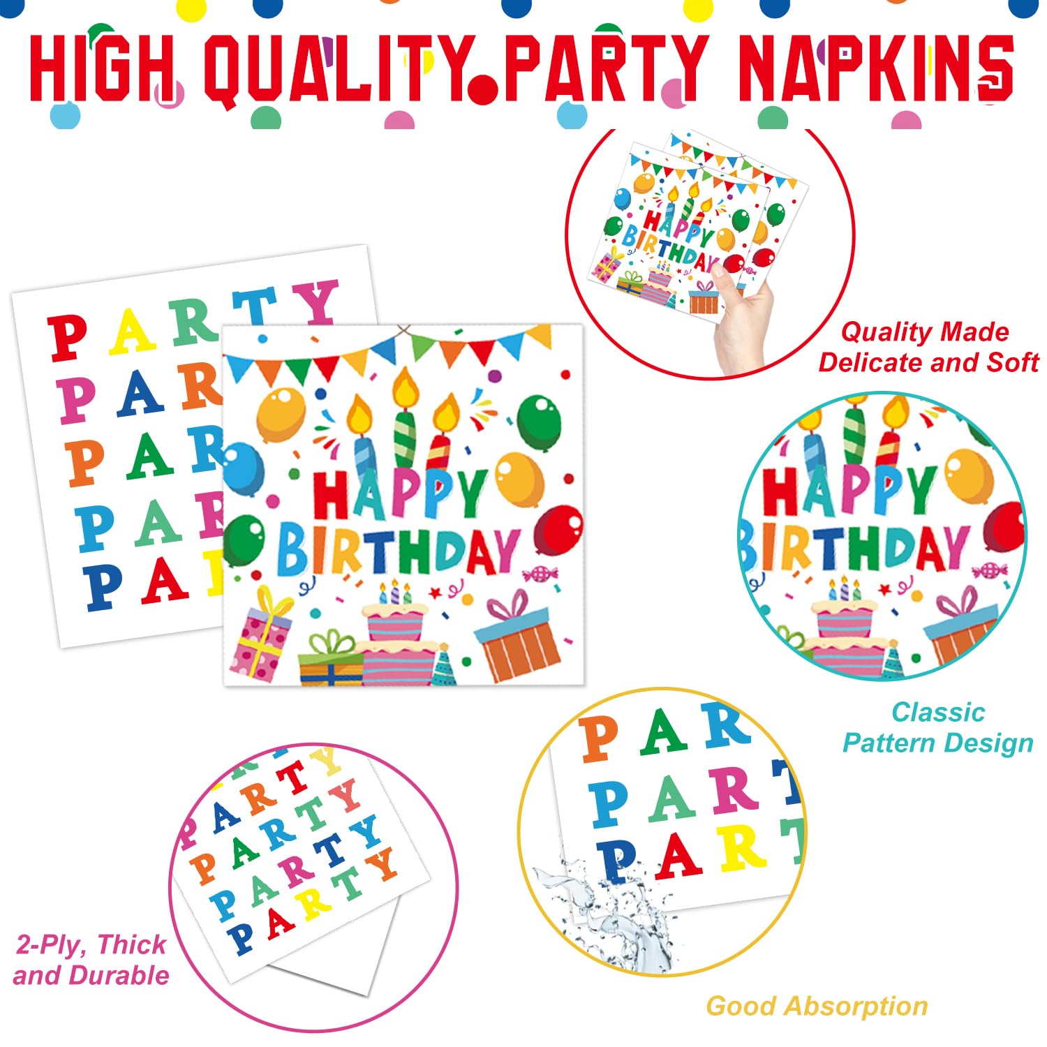 Happy Birthday Decorations - Colorful Dots Birthday Party Supplies Includes Plates, Napkins, Cups, Cutlery, Banner, Hanging Swirl, Tablecloth, Balloons for Birthday Decorations, Serves 24