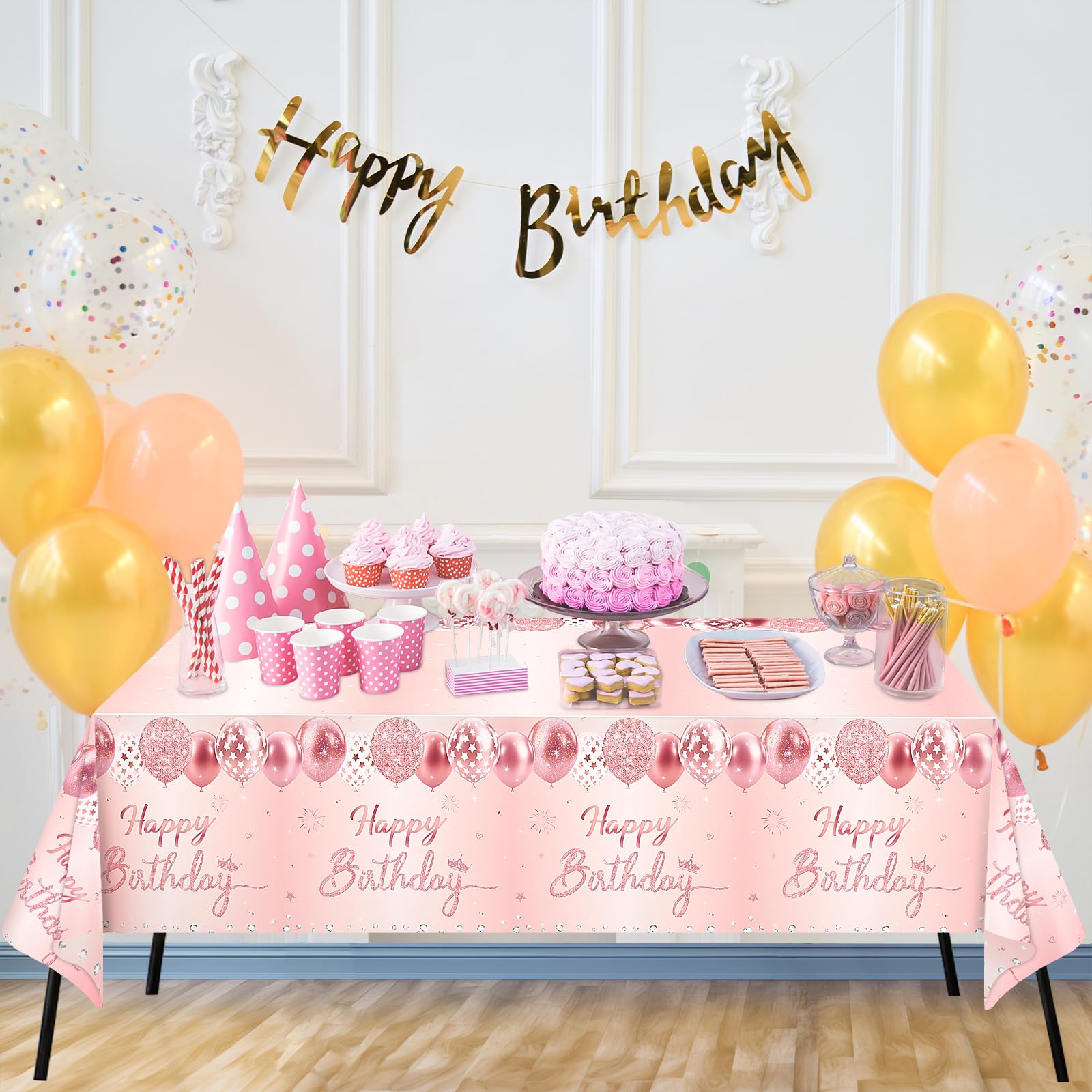 WNINK 2 Pack Pink & Rose Gold Happy Birthday Tablecloths, Disposable Plastic Rectangular Table Covers for 6th 21st 30th 40th 50th Women Girls Birthday Party 54 x 108 Inches