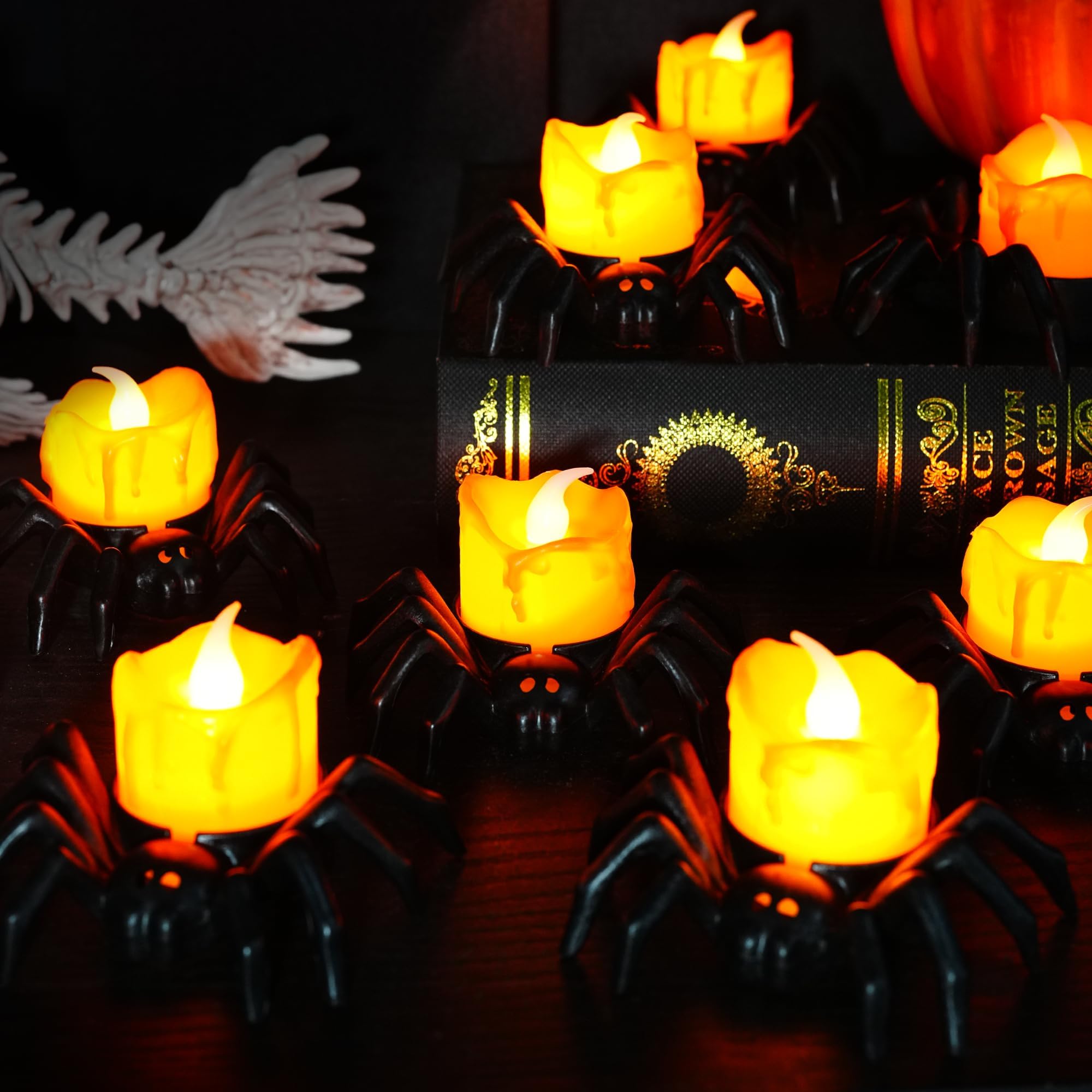 Dazzle Bright 12 Pack Halloween Spider Tea Lights Candles, Battery Operated LED Flameless Spider Candles Holder Lights, Spooky Halloween Decorations for Party Table Home Decor