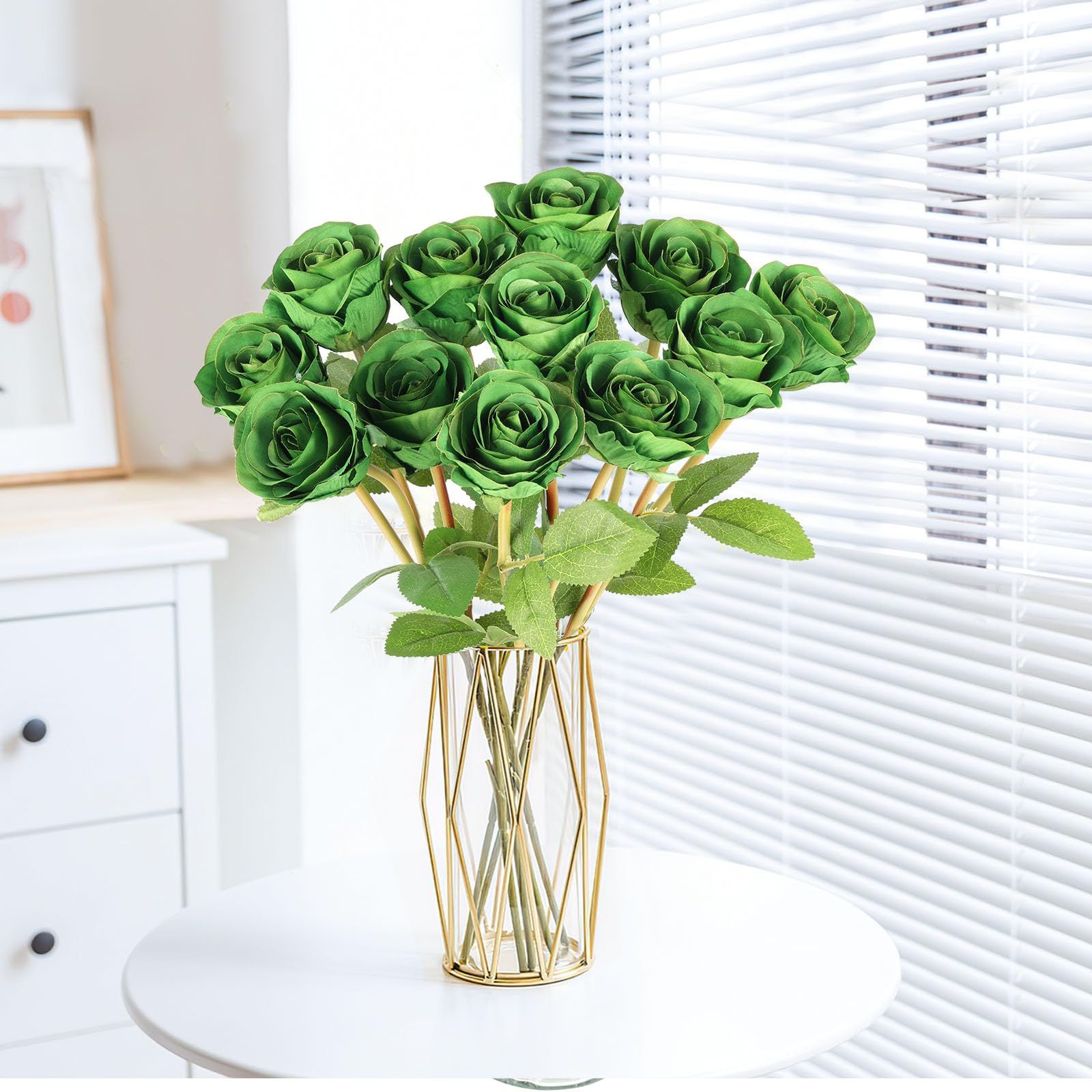 Hananona Artificial Roses Flowers for St. Patrick's Day,12 Pcs Silk Green Rose Bouquet for Spring Home Decoration, Green Faux Roses for Wedding