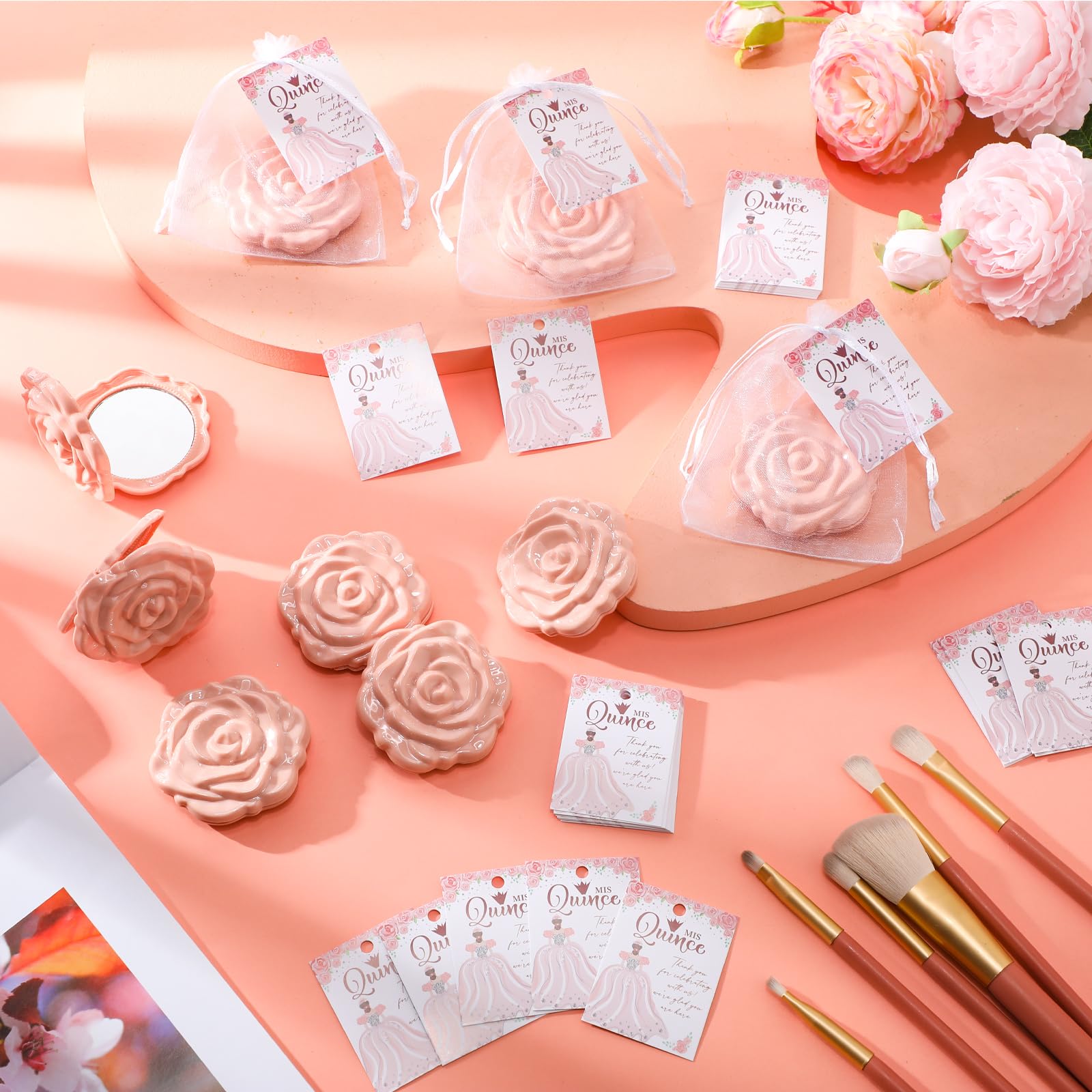 50 Sets Quinceanera Party Favors for Guests Rose Compact Mirrors, Pink