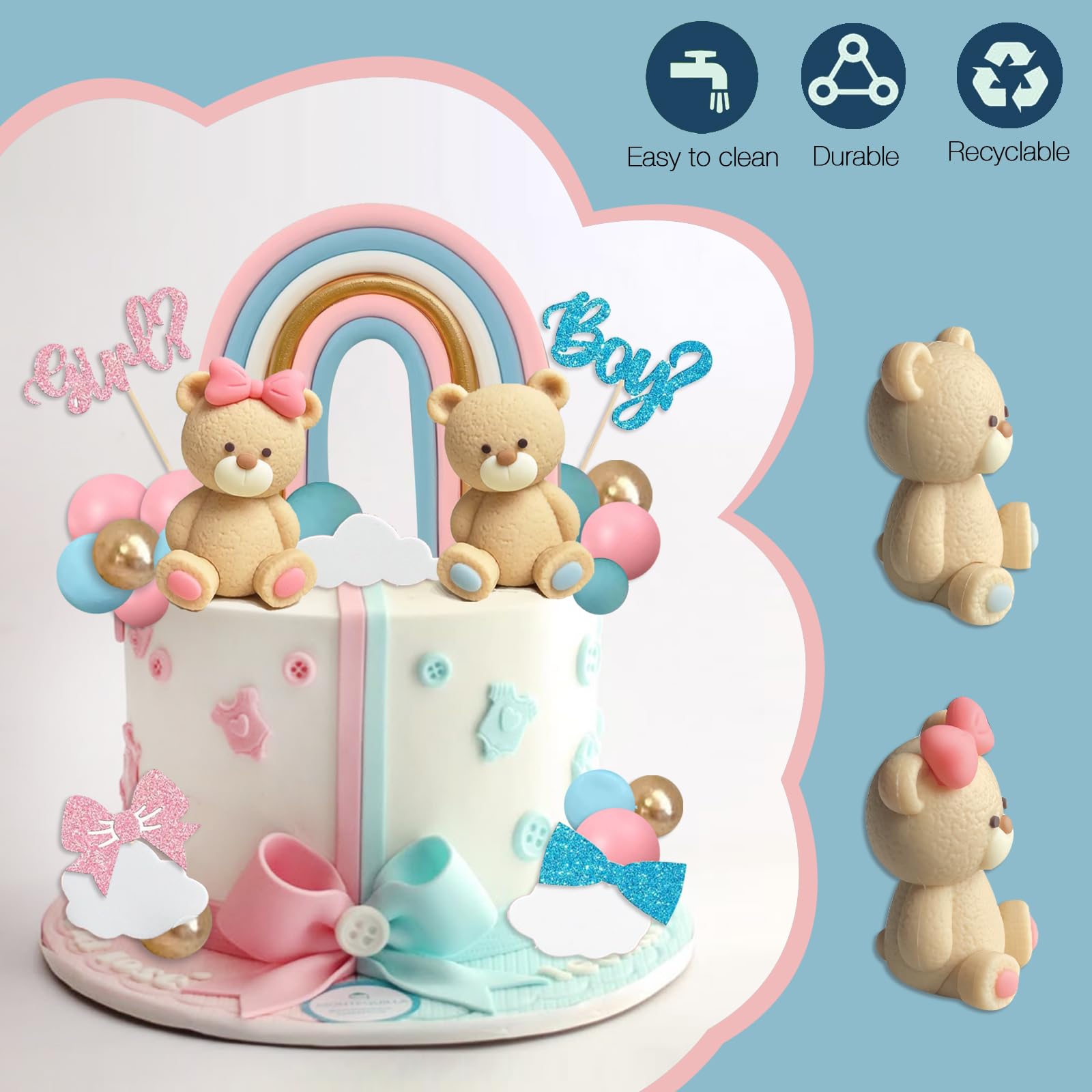 UFROMSKY 38Pcs Bear Cake Topper Gender Reveal Rainbow Cake Decorations with Cute Bears Pearl Balls Rainbow Cloud Cake Pick for Boy Girl Baby Shower Gender Reveal Party Supplies