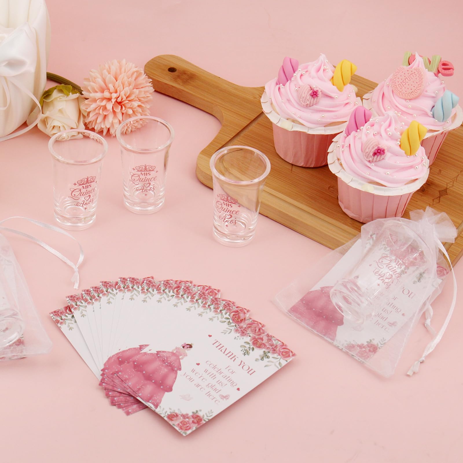 IANFEPH 50 Sets Quinceanera Party Favors for Guests Quinceanera Clear Acrylic Shot Glasses Thank You Cards Organza Bags Mis Quince Anos Sweet 15 Birthday Party Gift for Thanksgiving Christmas Supplies