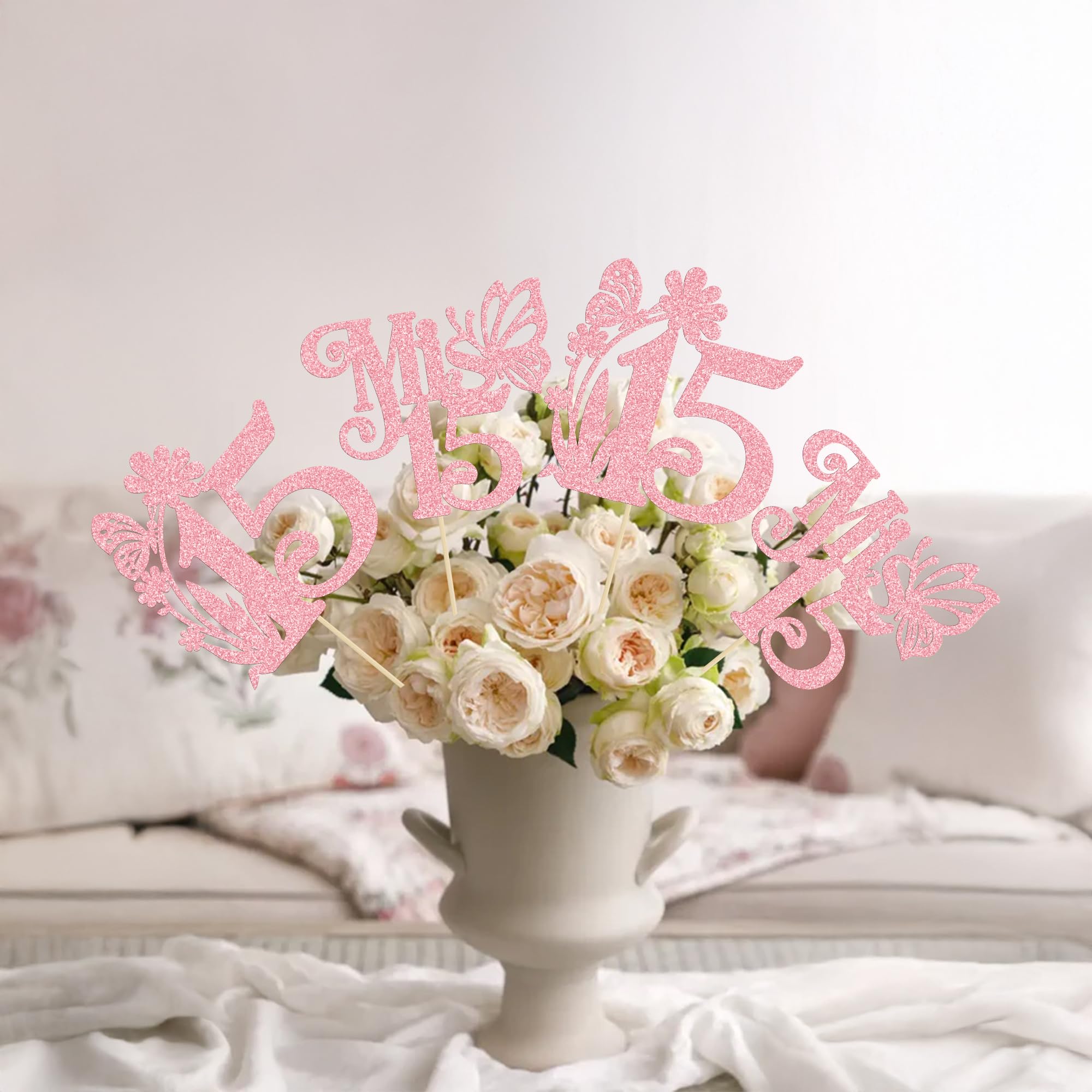 Ephlyn 12Pcs Happy 15th Birthday Centerpiece Sticks Hello 15 Sweet 15 Table Flower Centerpieces Sticks Fifteen Mis 15 Quince Floral Decorations for Cheers to 15 Theme Anniversary Party Supplies Pink