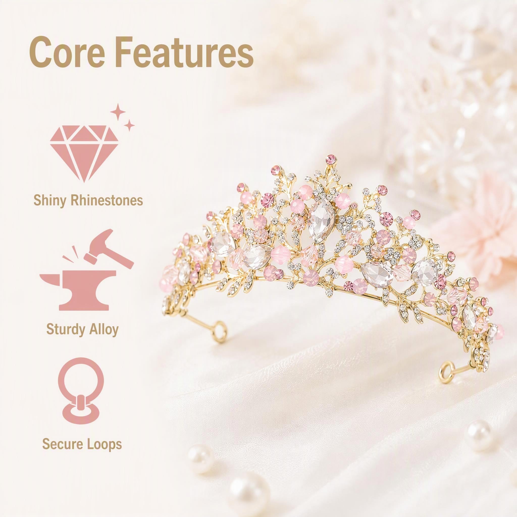 Kids Pink Crystal Tiara Girls Princess Costume Rhinestone Crown Headband Wedding Bridal Hair Accessories Birthday Communion Pageant Prom Halloween Christmas Cake Topper Dress Up Gift for 5-16 Years