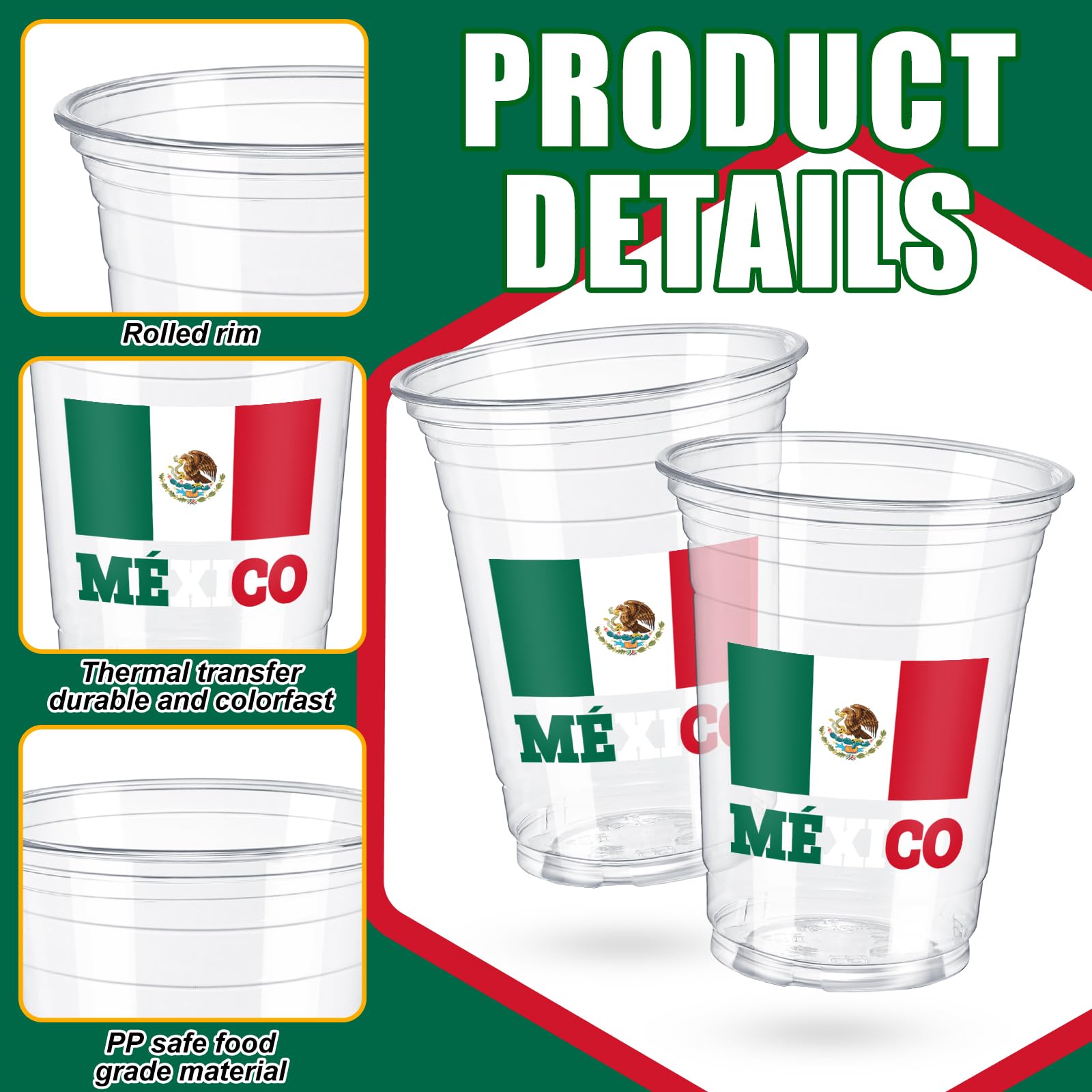 Honeydak 50 Pcs 12 oz Mexican Disposable Cups Bulk Mexico Flag Clear Plastic Cups Cinco De Mayo Party Decoration Fiesta Carnival Party Favors for Football Matches Family Decorations Supplies