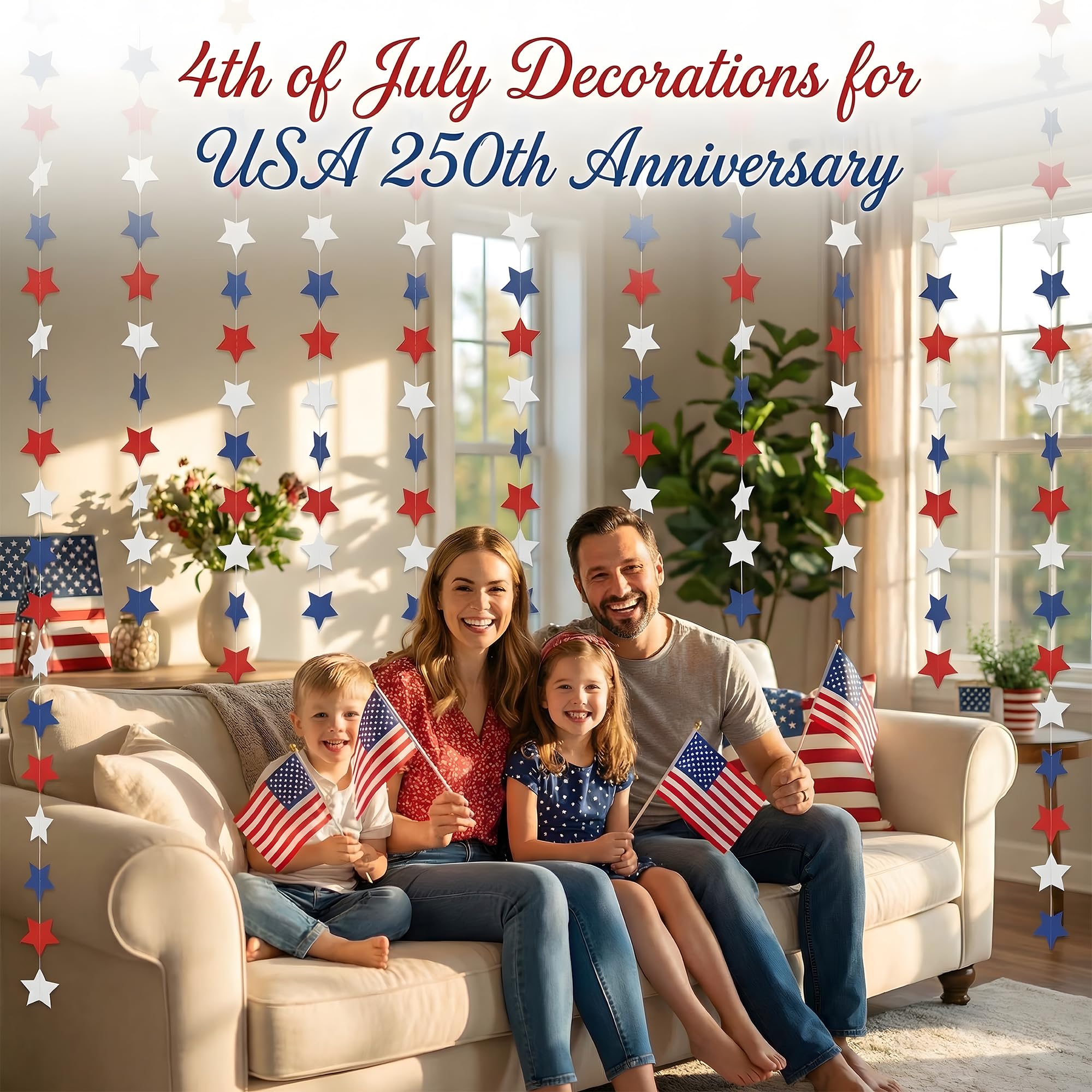 4th of July Decorations - Patriotic Star Garland | Red White Blue Streamers Banner - Memorial Day Fourth of July Accessories Decorations Party Favors Supplies for Outdoor Indoor Home,4 Pack