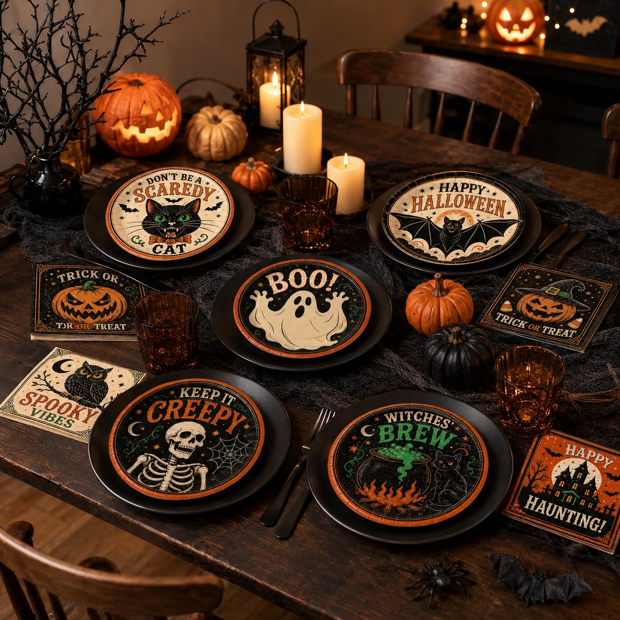 Oigco 60PCS Halloween Party Supplies, Vintage Halloween Plates and Napkins Set with 9-inch Dinner Plates, and Napkins for Halloween Birthday Party Decorations, Serves 30