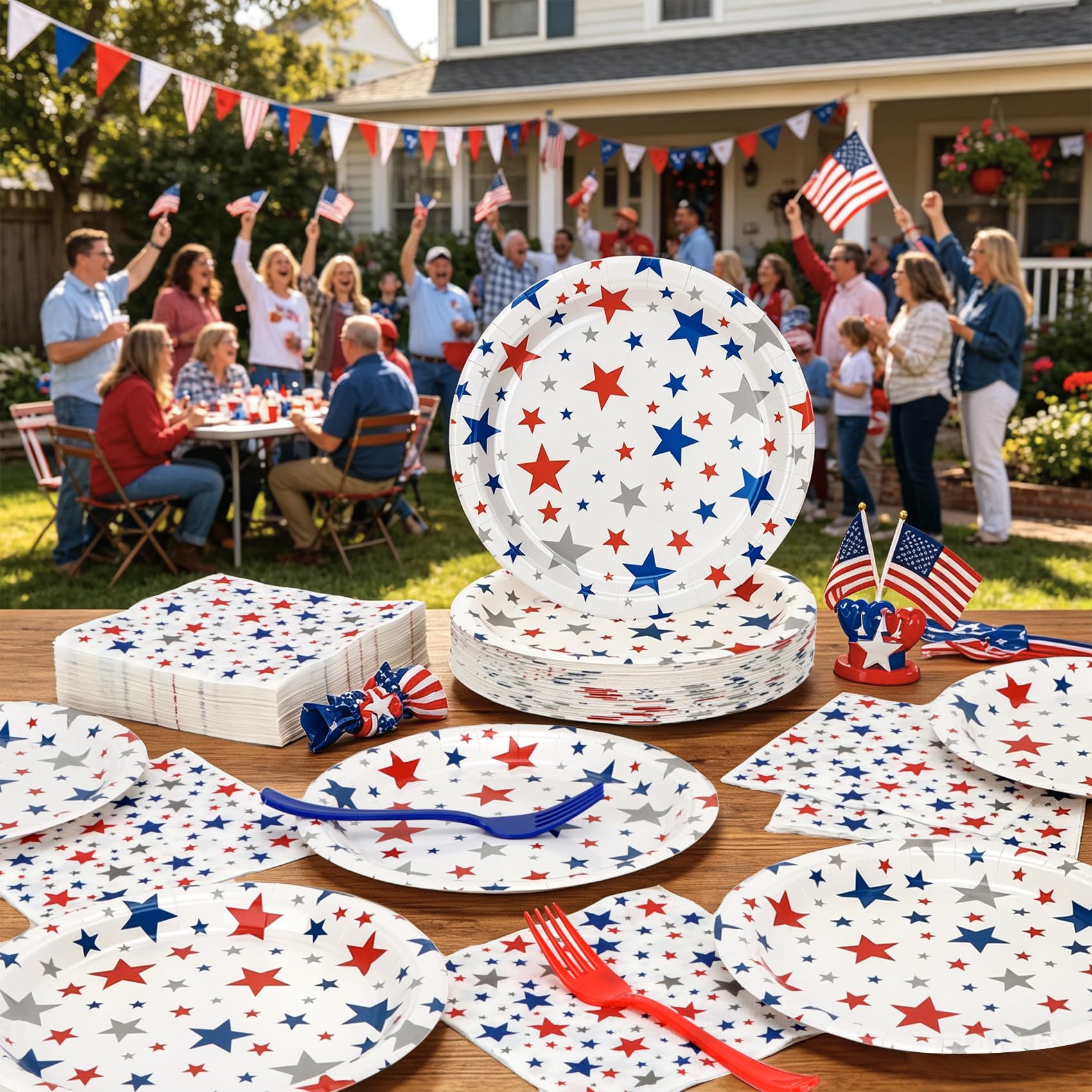 150Pcs 4th of July Party Supplies for 50 Guests, Disposable Patriotic Paper Plates, Napkins & Forks Set, Red White Blue Star Tableware for Independence Day, Memorial Day, 4th of July Party Decorations