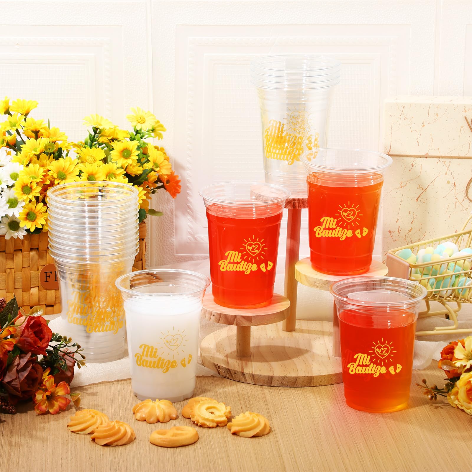 Tiangrid 100 Pcs Spanish Baptism Plastic Cups 16 oz Gold Dove Mi Bautizo Cups for Spanish Baptism Decorations, Easter First Communion & Hispanic Baby Shower Party Supplies