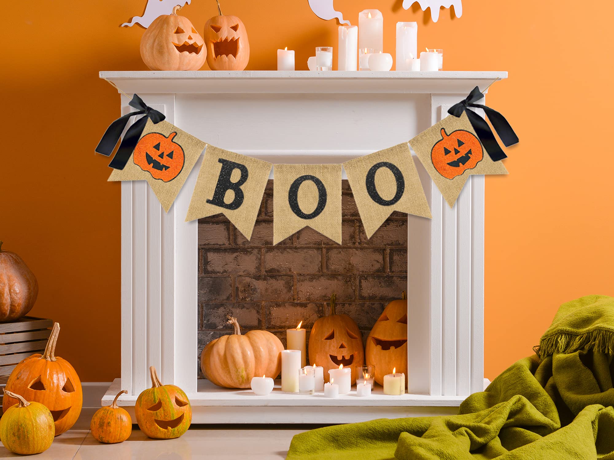 Whaline Halloween Burlap Banner Glitter Pumpkin Boo Bunting Flag with Bow Rustic Hanging Banner Garland for Halloween Farmhouse Mantel Fireplace Home Party Decoration Supplies