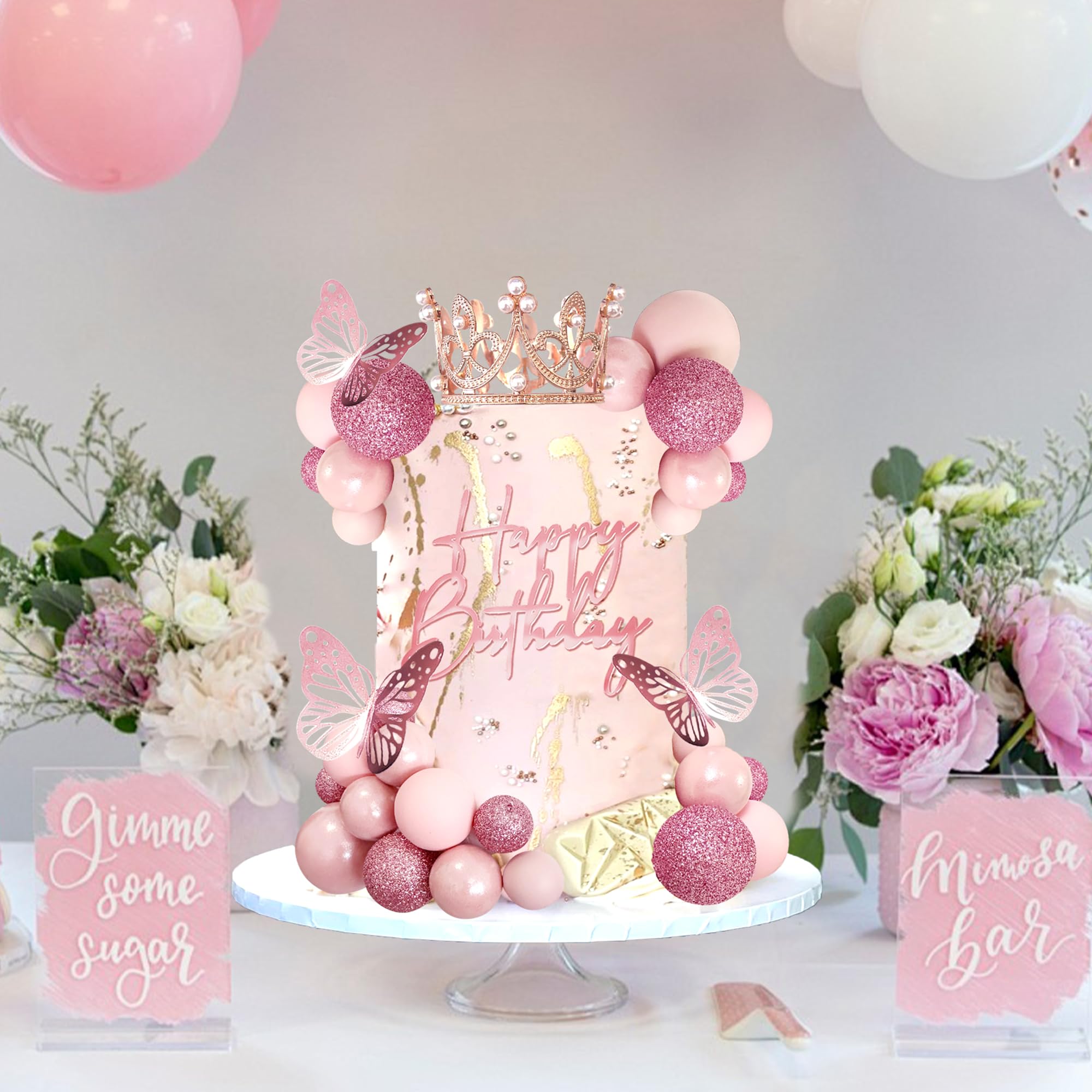 Balls Cake Toppers Happy Birthday Crown Tiara Cake Toppers for Birthday Wedding Baby Shower Party Decorations (Rose Gold Pink)