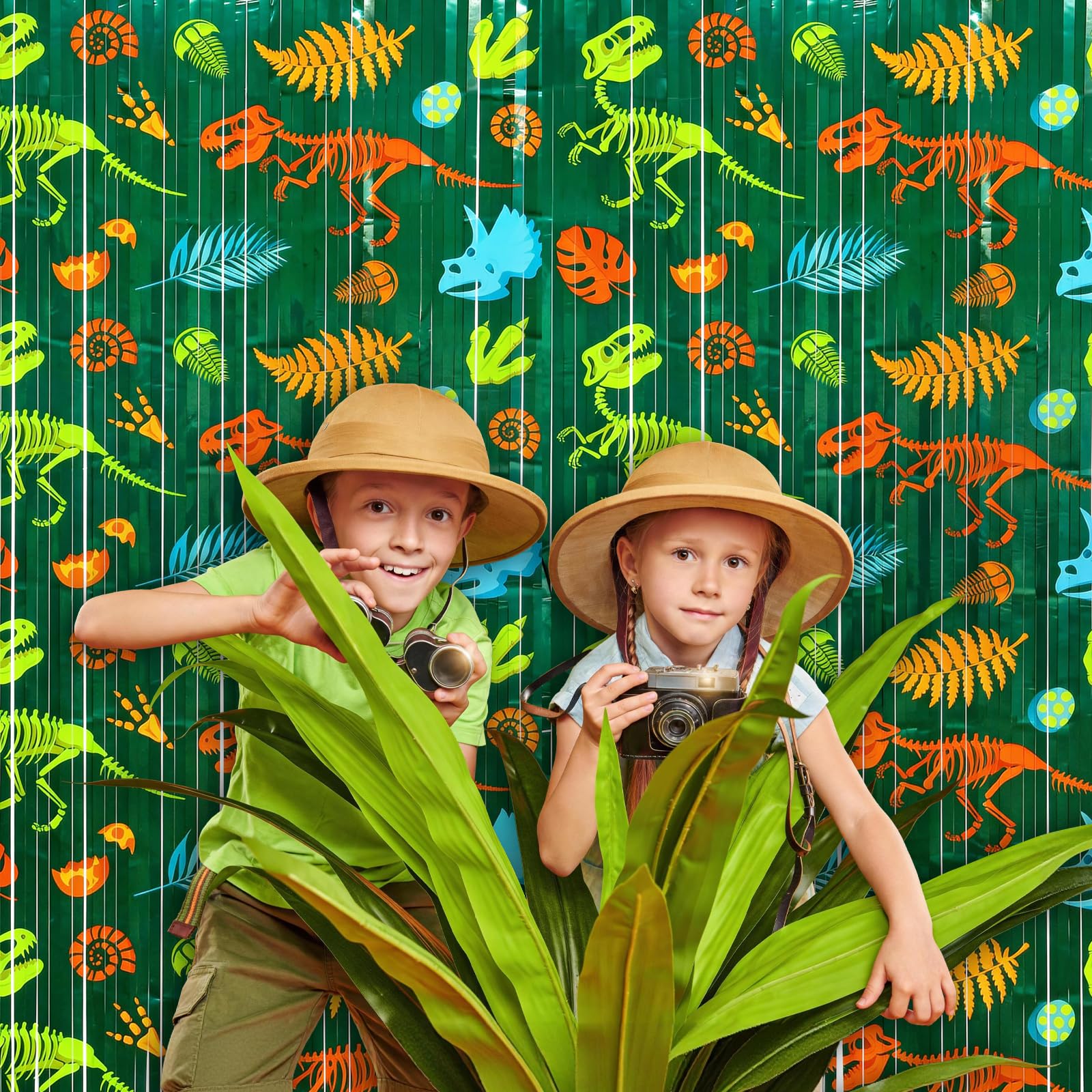 Menstarsi Dinosaur Pattern Foil Fringe Curtains, Dinosaur Backdrop, 2 Pack