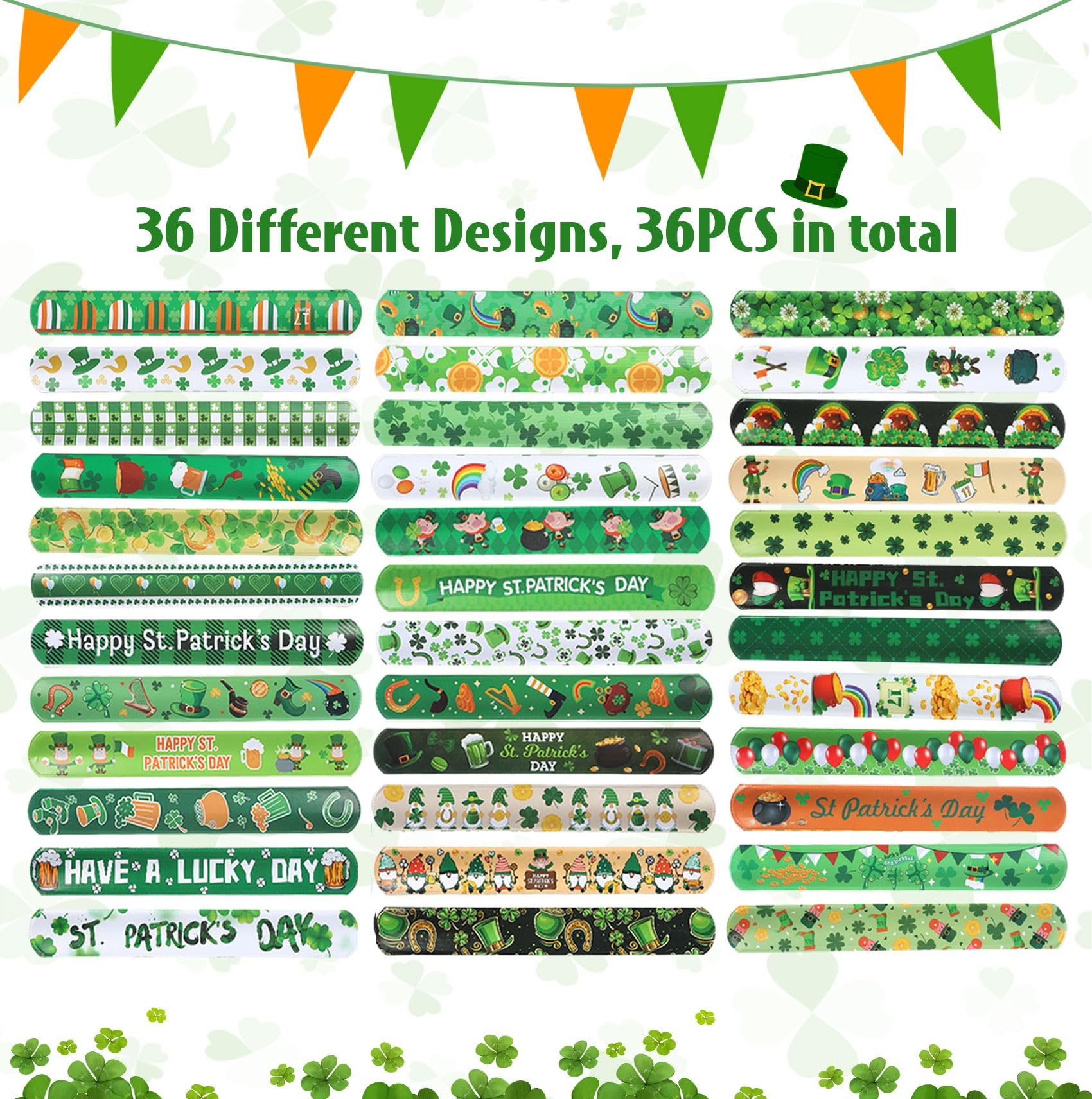 St Patricks Day Slap Bracelets, 36 PCS St Patricks Day Gifts, St Patrick Day Party Favors, Shamrock Snap Bracelets Wristbands Bulk, Slap Bracelets Holiday Goodie Bag Stuffers Classroom Prizes