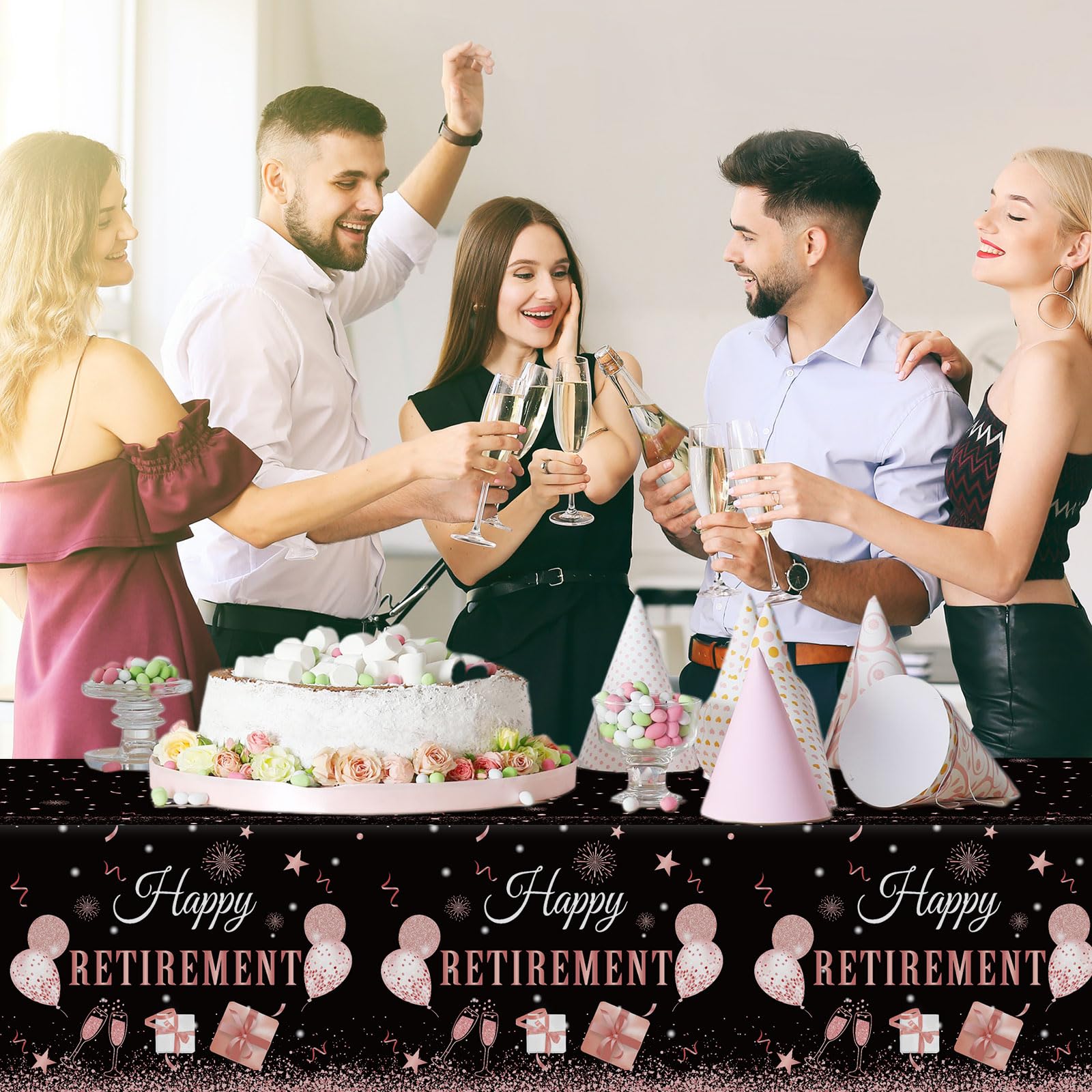 Ganeen 3 Pcs Retirement Party Decorations Happy Retirement Tablecloths Rose Gold Disposable Plastic Table Cover Waterproof Table Cloth for Men Women Coworker Say Goodbye Party Supplies, 54 x 108 Inch