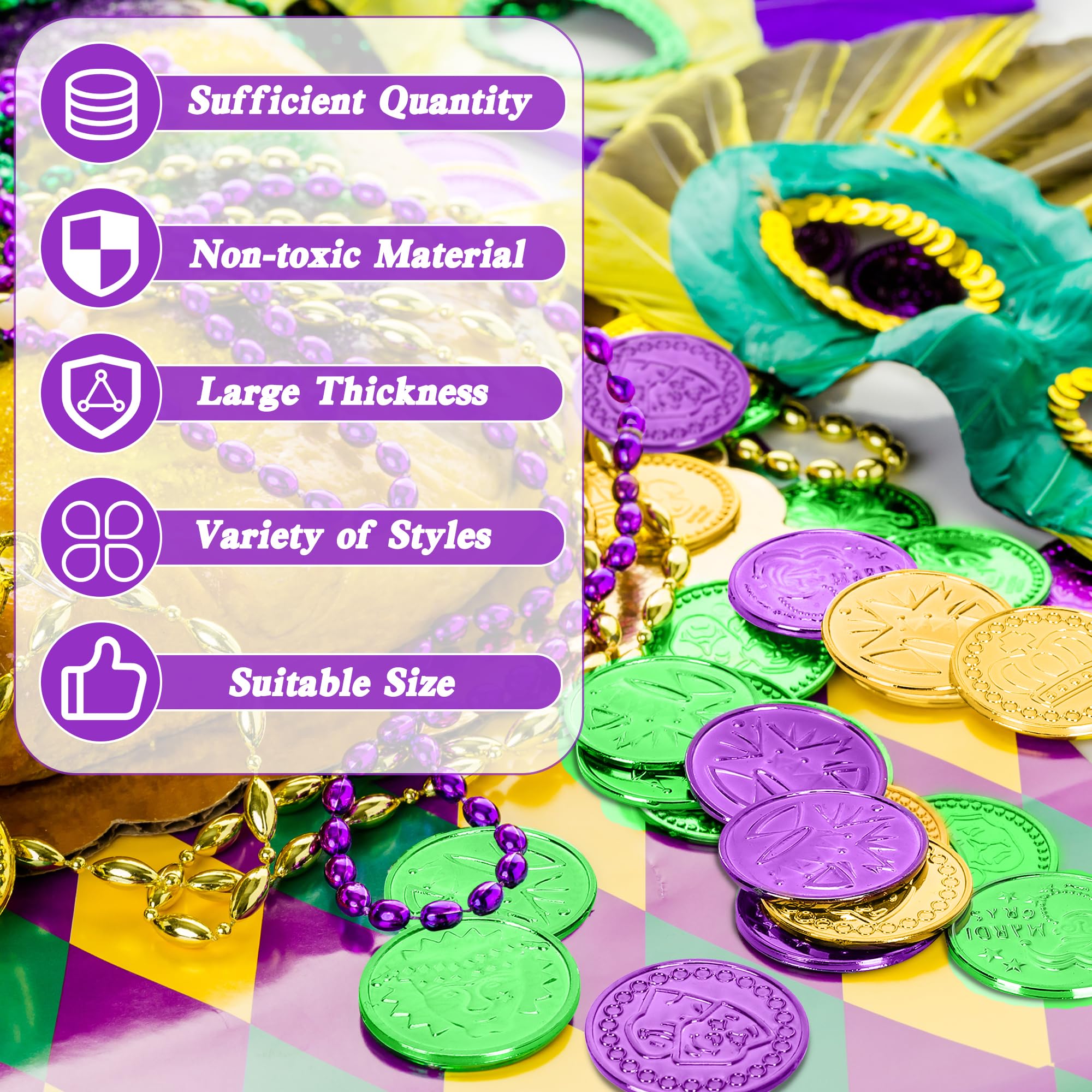 120 PCS Mardi Gras Decorations, 1.4 in Plastic Gold Coins, Purple Gold Green Mardi Gras Coins Fake Coins Mardi Gras Tokens, Mardi Gras Party Supplies Costume Accessories for Parade Maskquerade