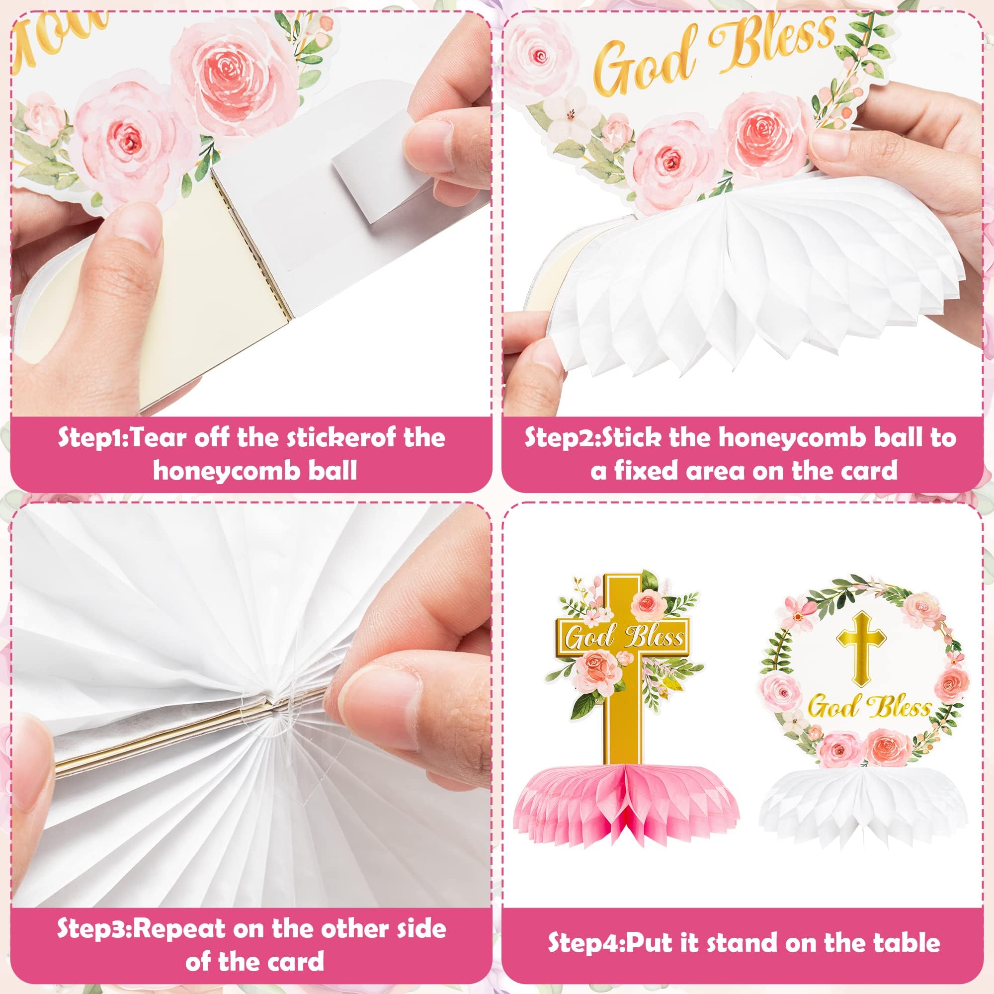 ANGOLIO 12Pcs Floral God Bless Decorations First Communion Honeycomb Centerpiece Double Sided Table Toppers for Baby Girl Baptism Party Decor Christening Celebration Religious Photo Props Decor Girls