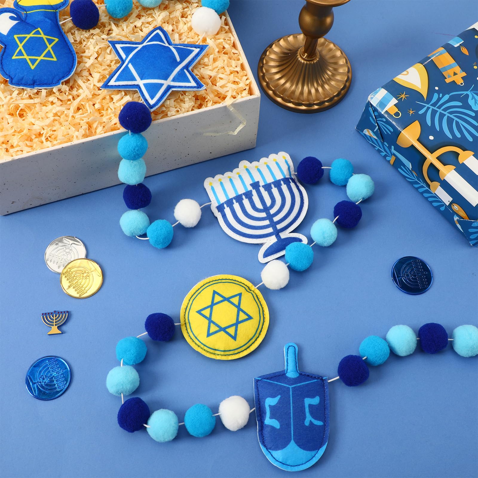 Jansun 8.2 Ft 3D Hanukkah Felt Pre Assembled Garland, Hanukkah Blue White Pom Pom Banner with Star of David and Menorah for Chanukah Mantel Home Wall Hanging Decorations