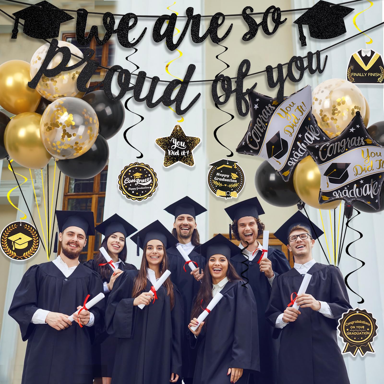 Graduation Decorations 2026, Class of 2026 Decorations with We Are So Proud of You Banner and Graduation Balloons, Congrats Hanging Swirls