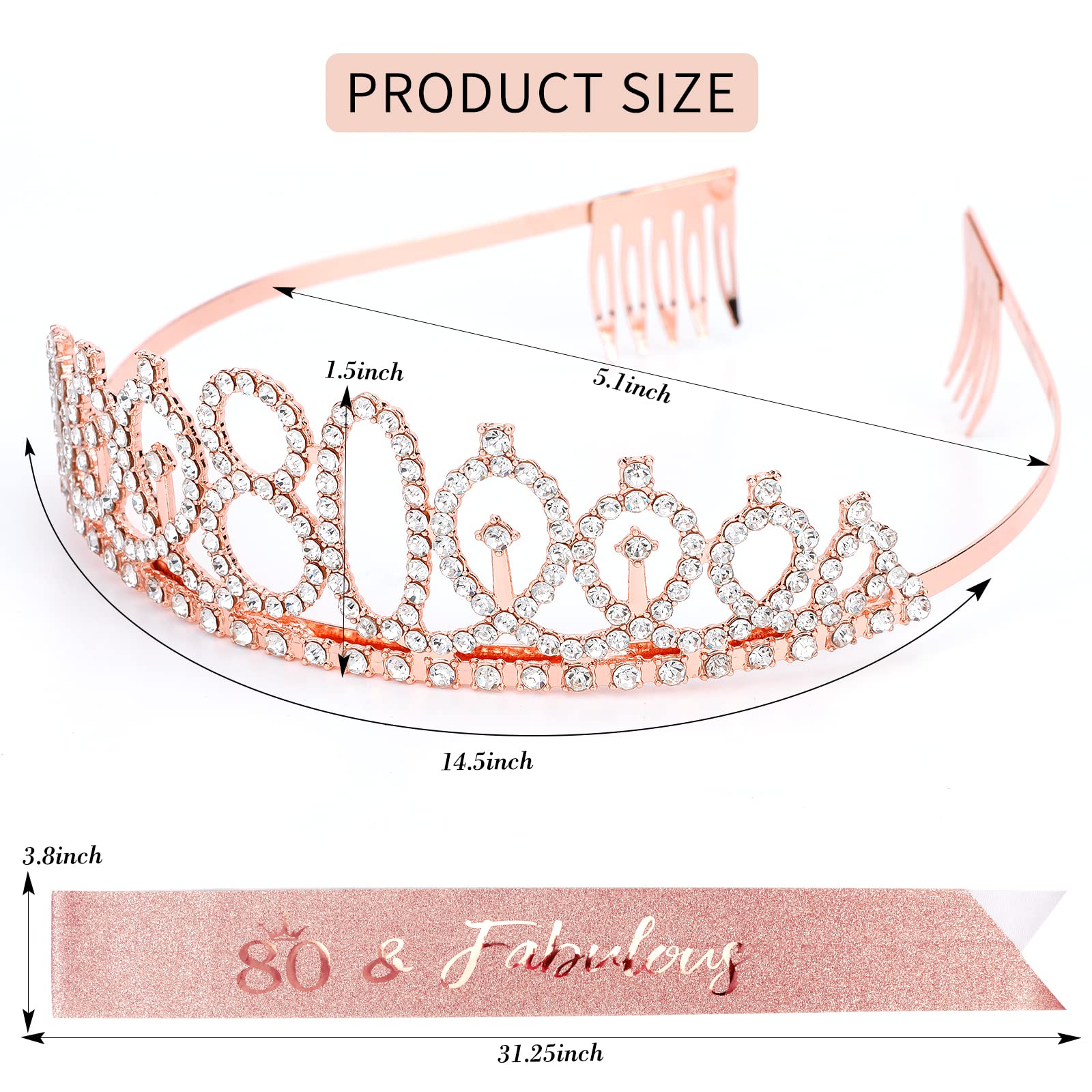 CIEHER 80th Birthday Crown + Sash + Pearl Pin Set, Elegant Gift for Women's 80th Birthday Party Decorations