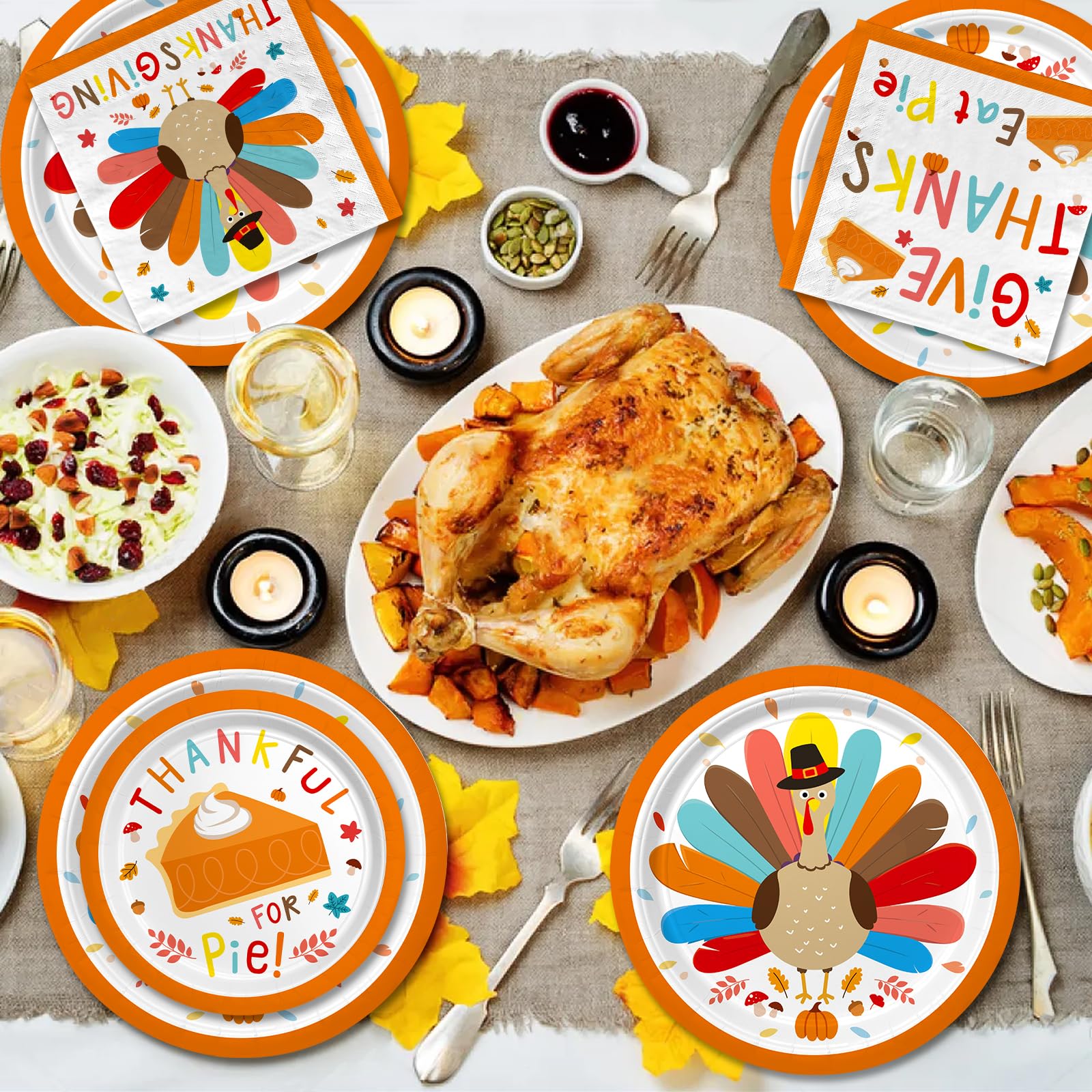 Gatherfun Turkey Thanksgiving Party Supplies Kit for 50 Guests - Complete Autumn-Themed Disposable Dinnerware Set: Dinner & Dessert Plates, Napkins - Thanksgiving Party Decorations