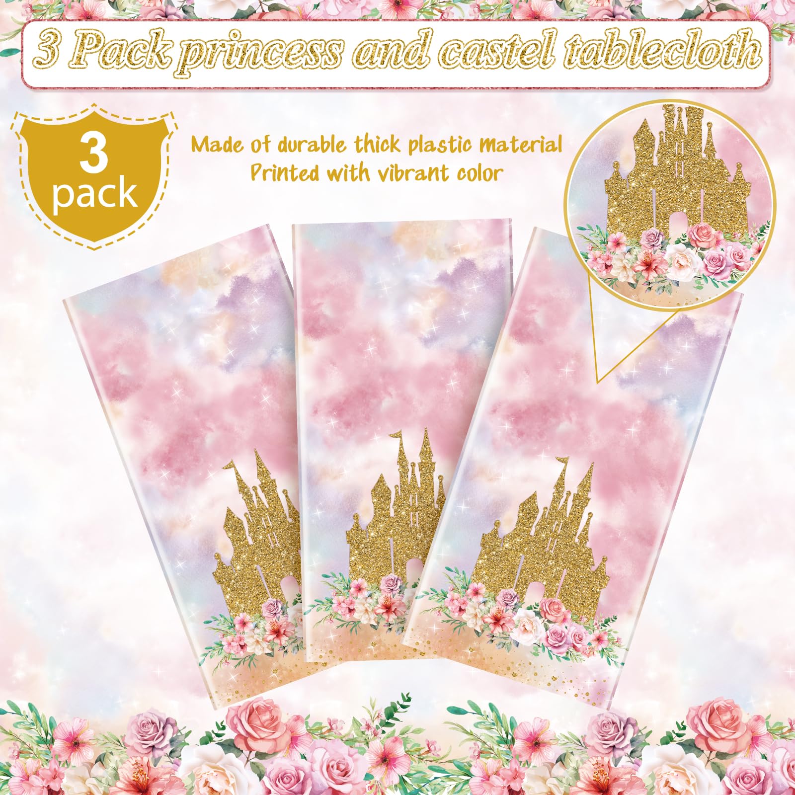 3 Pack Princess Tablecloths Birthday Decorations,Plastic Pink Rose Castle Table Cloth for Parties,Disposable Rectangle Floral Table Cover for Baby Shower Girls Birthday Party Supplies,54x108 Inch