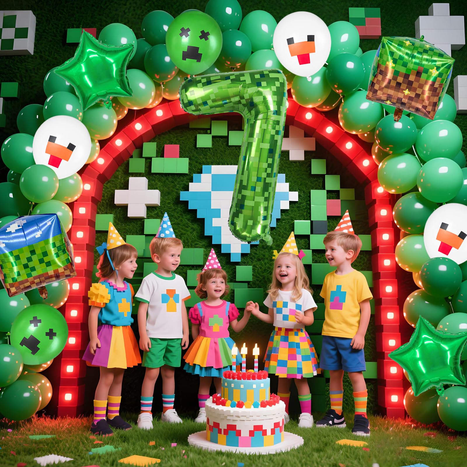 FJZEPIN 40 Inch Giant Green Pixel Miner Themed Number Foil Balloons, Mining Green Birthday Party Decorations Bundle 0-9 Optional Kids Anniversary Balloon Party Supplies (Number 7)