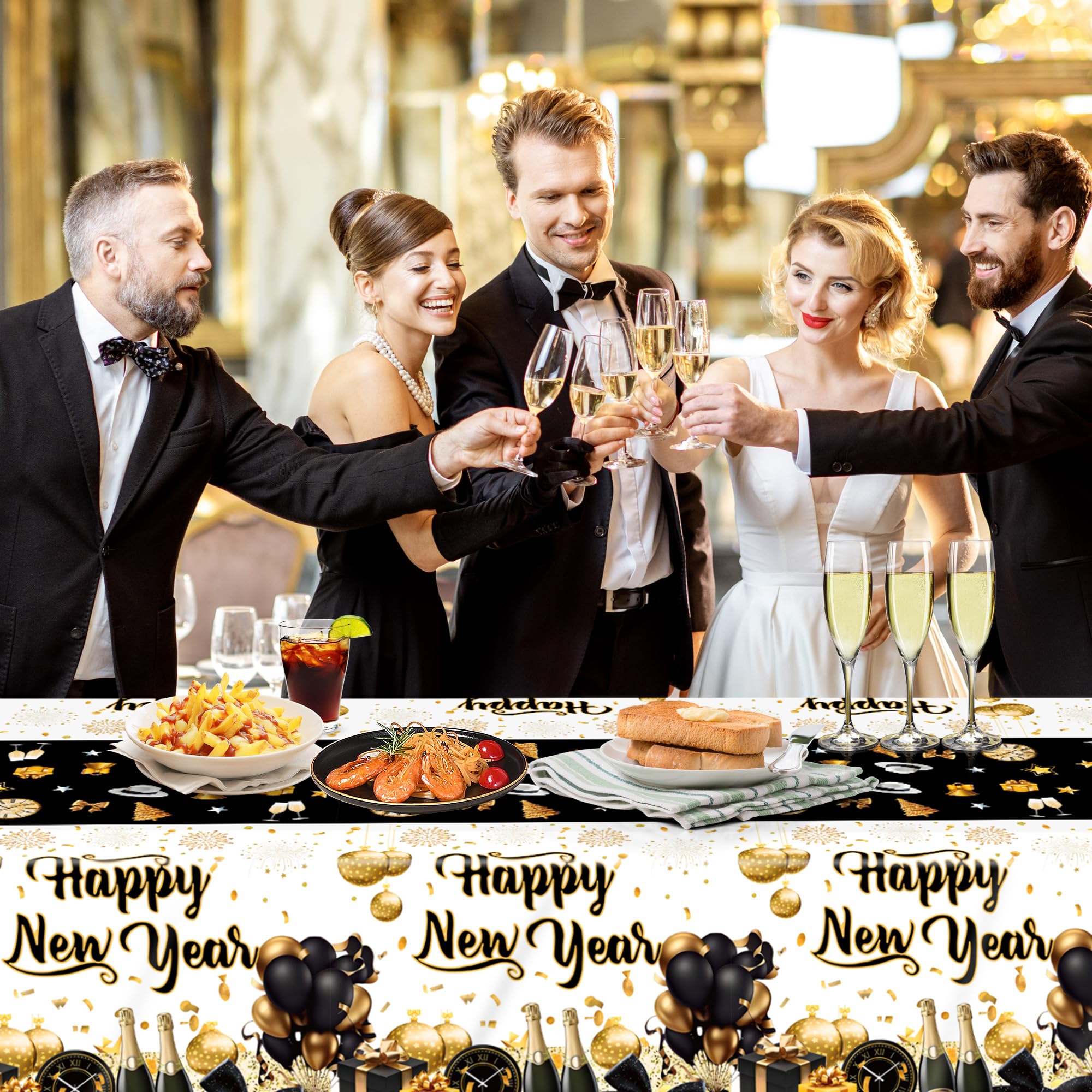 EUVBOKW 3 Pack New Years Tablecloths,Happy New Year Decorations,Black and Gold Disposable Plastic Waterproof Table Covers for 2026 New Years Eve Party Supplies,54 x 108 Inch