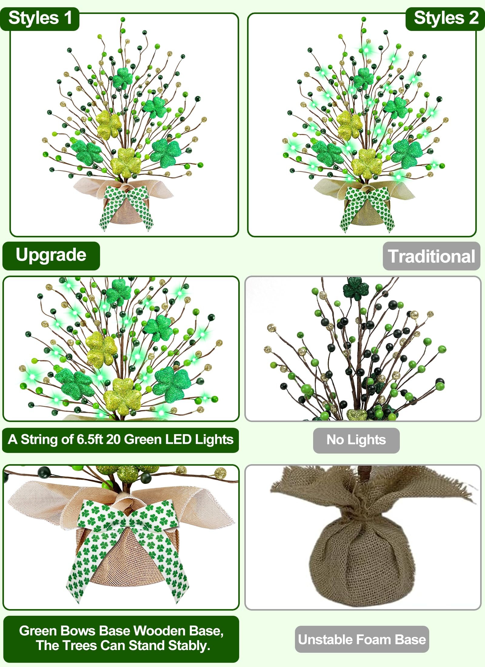 St. Patrick's Day Decorations, 2 Pack 18 Inch Lighted St. Patrick's Day Tree Tabletop 20 Green Lights Timer Battery Operated 6 Shamrocks 108 Berries Artificial Tree St. Patrick's Day Decor Home Party