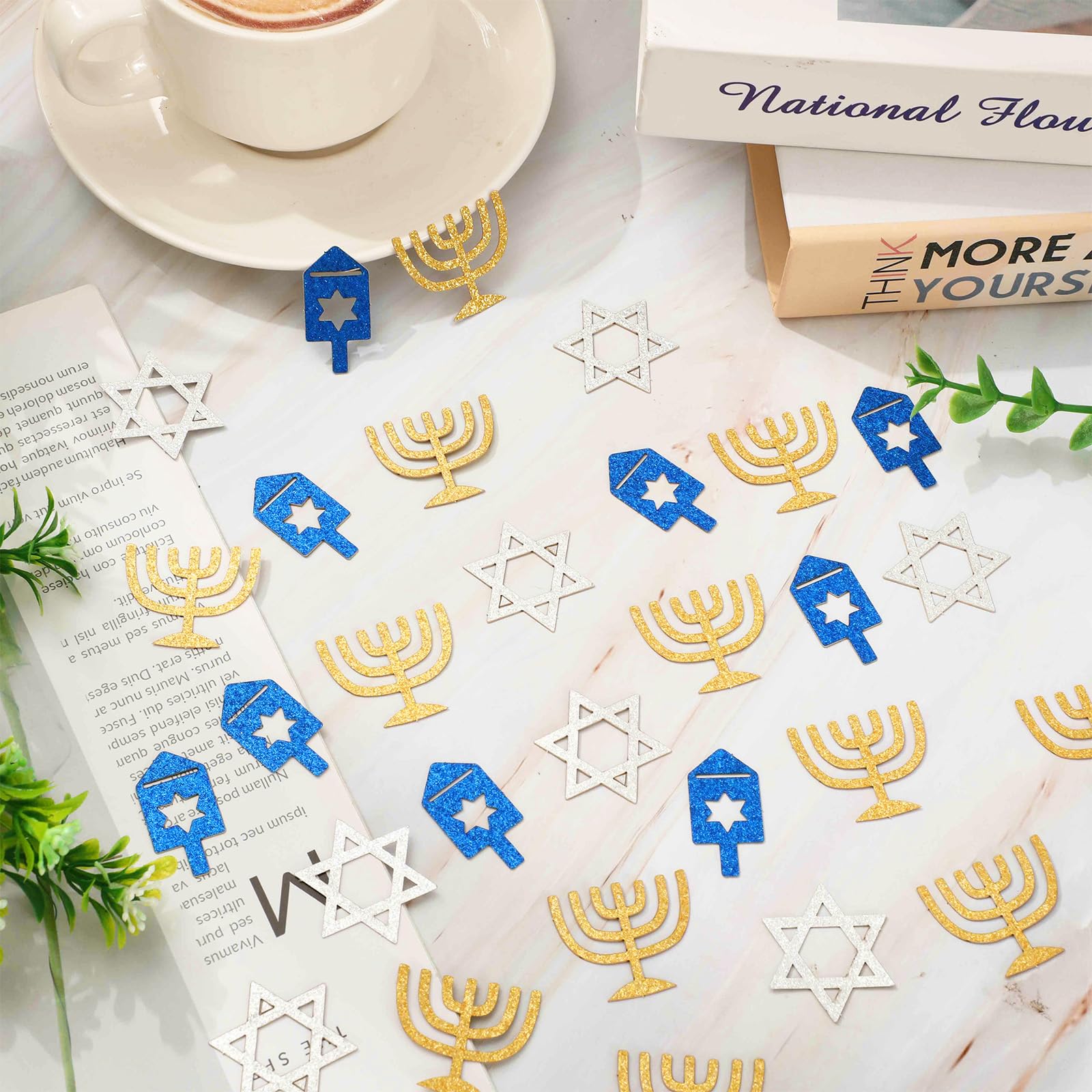 Whaline 300 Pcs Hanukkah Table Confetti Menorah Star Dreidel Shaped Glitter Confetti Blue Gold Silver Table Centerpiece For Chanukah Party Decoration